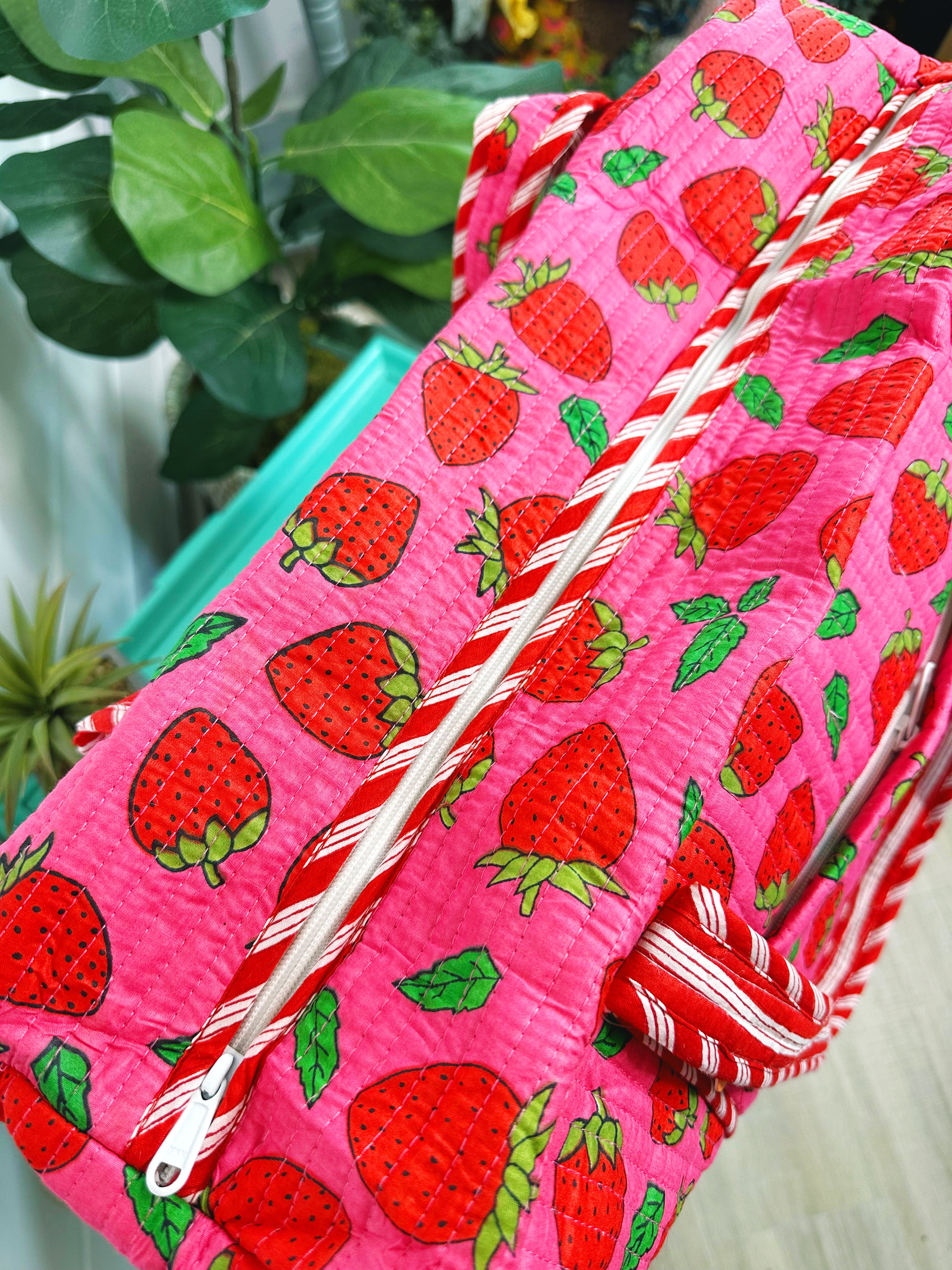 Pink and Red Strawberry Quilted Weekender Overnight Duffle Bag