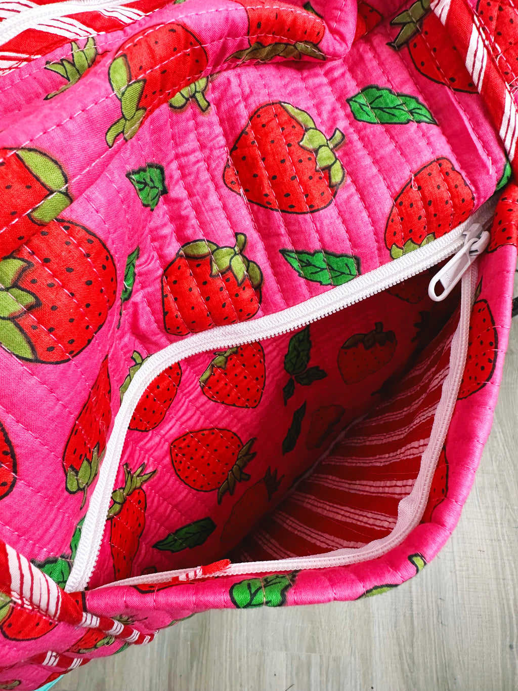 Pink and Red Strawberry Quilted Weekender Overnight Duffle Bag
