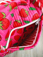 Pink and Red Strawberry Quilted Weekender Overnight Duffle Bag