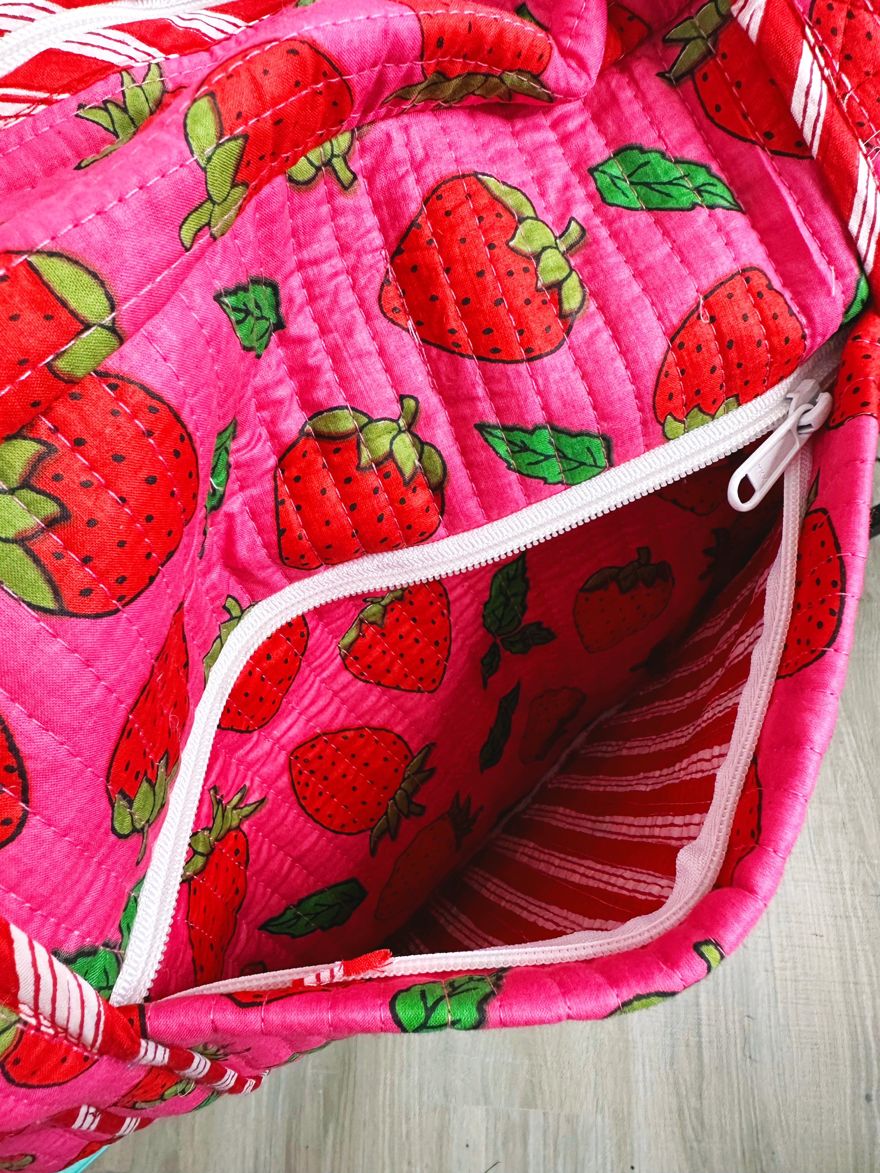 Pink and Red Strawberry Quilted Weekender Overnight Duffle Bag