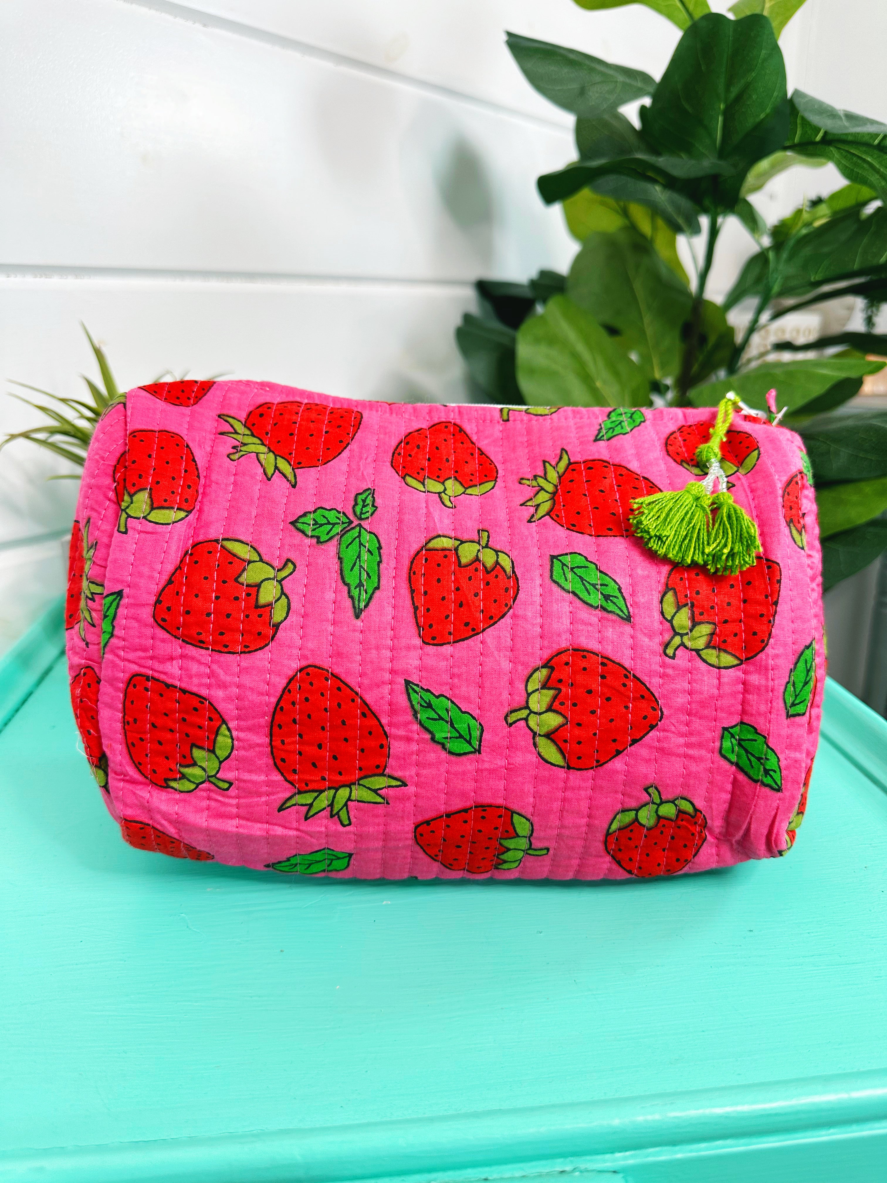 Pink and Red Strawberry Quilted Makeup Cosmetics Toiletry Bag