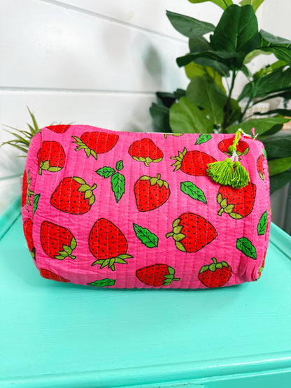 Pink and Red Strawberry Quilted Makeup Cosmetics Toiletry Bag