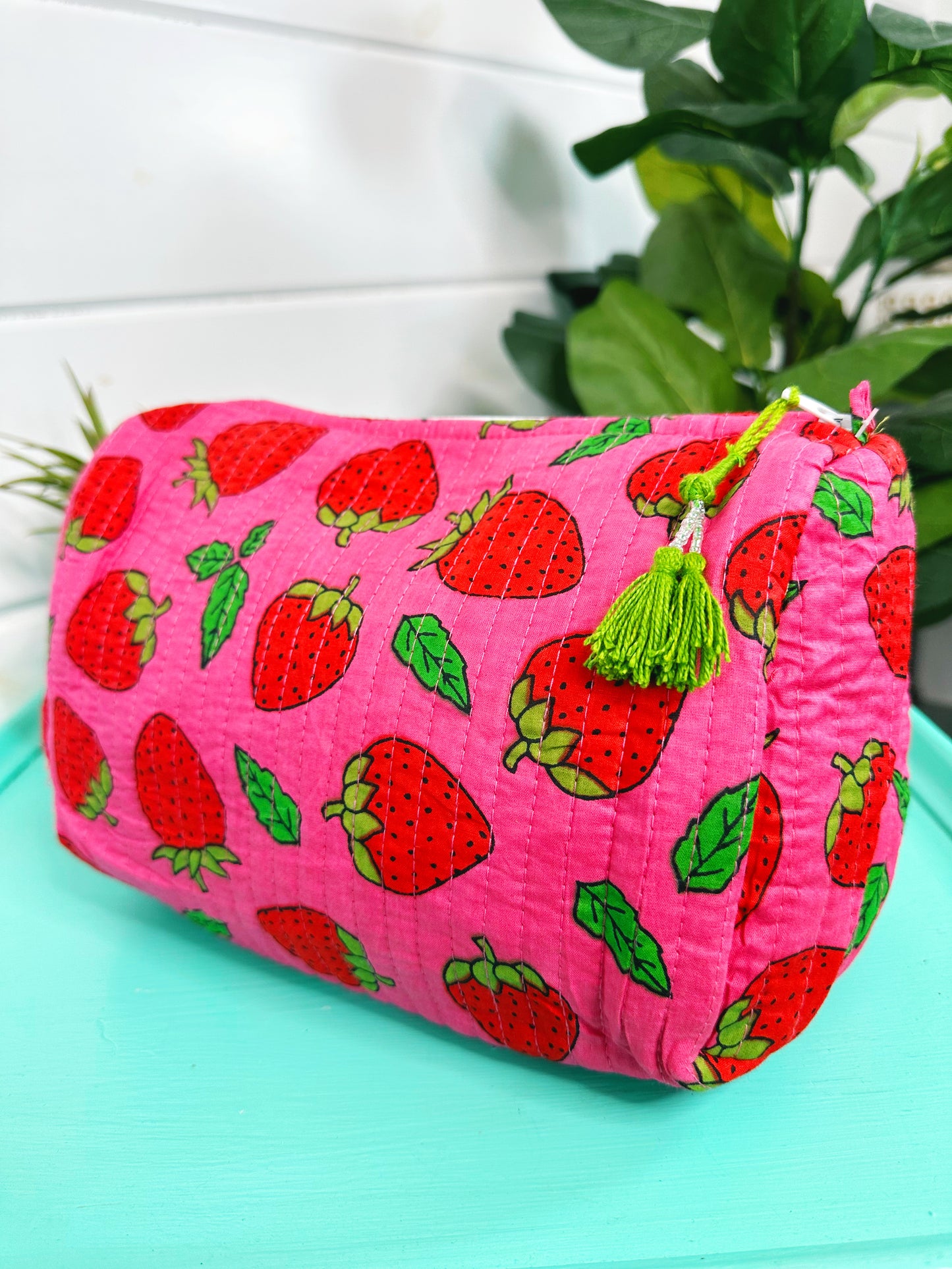 Pink and Red Strawberry Quilted Makeup Cosmetics Toiletry Bag
