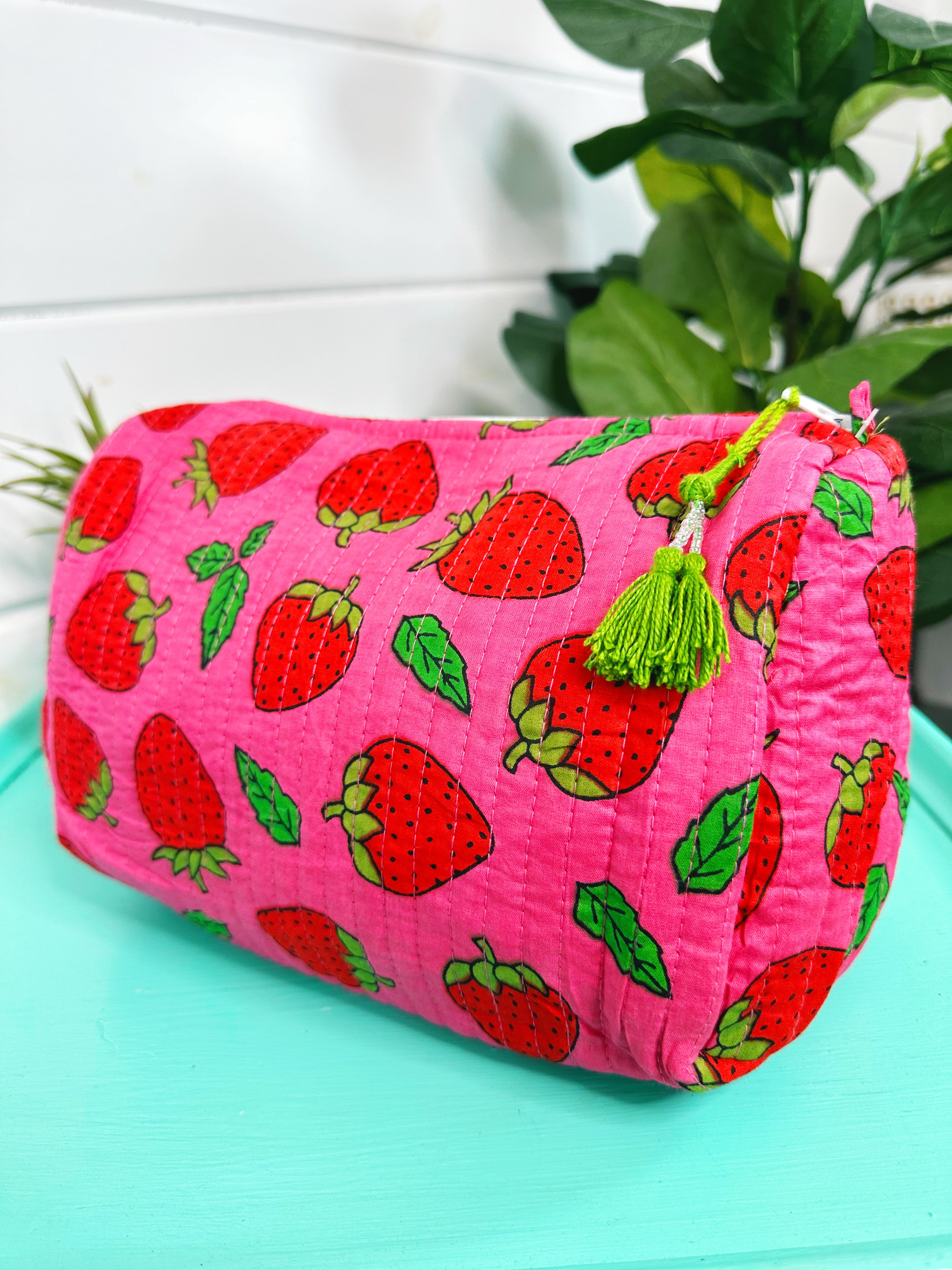 Pink and Red Strawberry Quilted Makeup Cosmetics Toiletry Bag