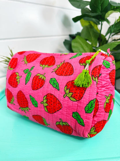 Pink and Red Strawberry Quilted Makeup Cosmetics Toiletry Bag