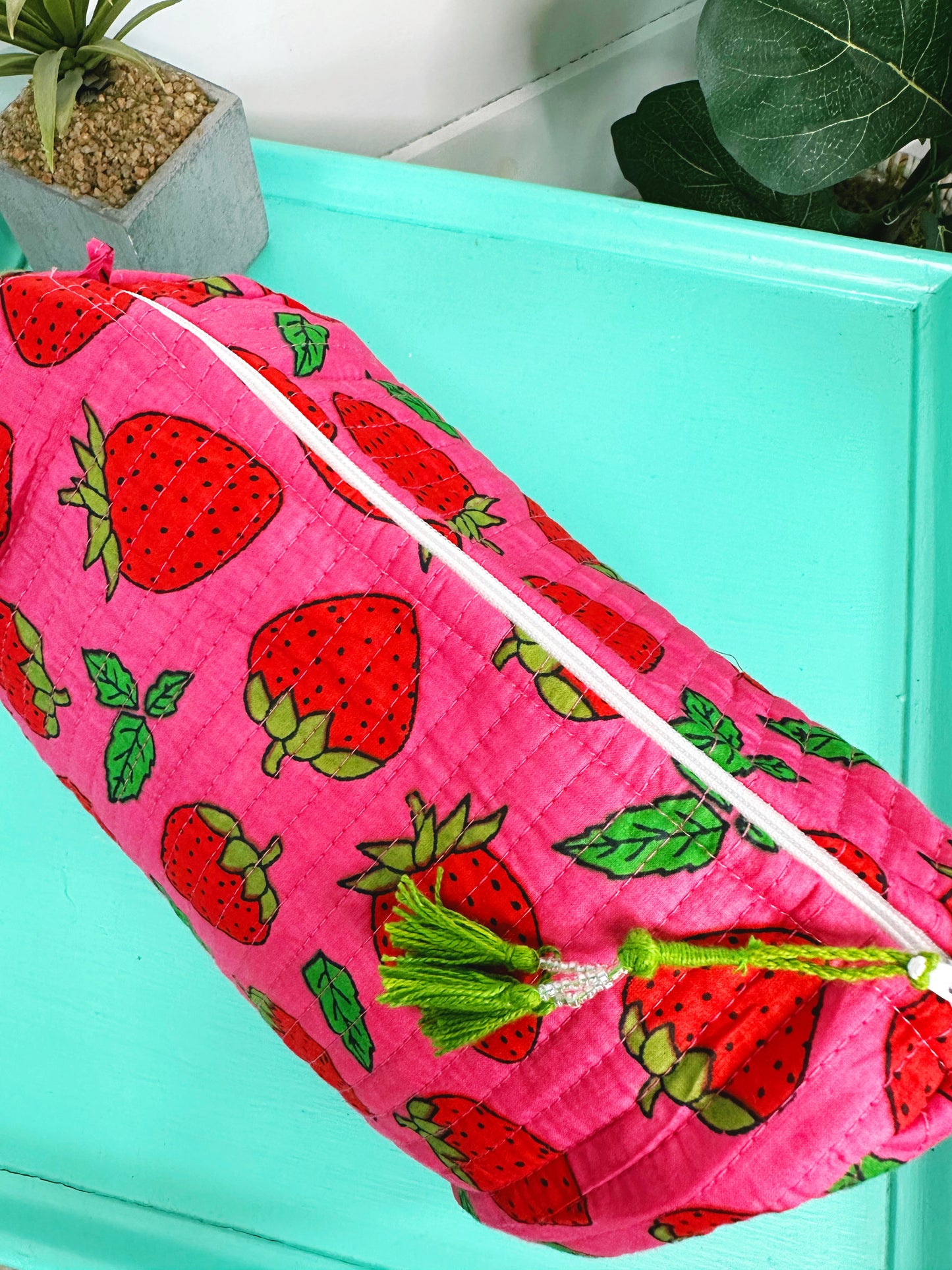 Pink and Red Strawberry Quilted Makeup Cosmetics Toiletry Bag