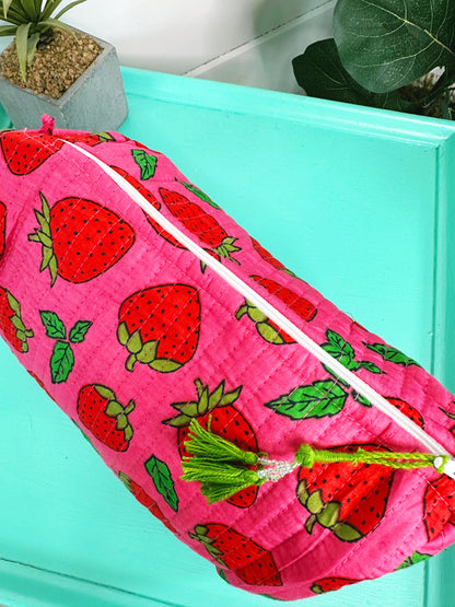 Pink and Red Strawberry Quilted Makeup Cosmetics Toiletry Bag