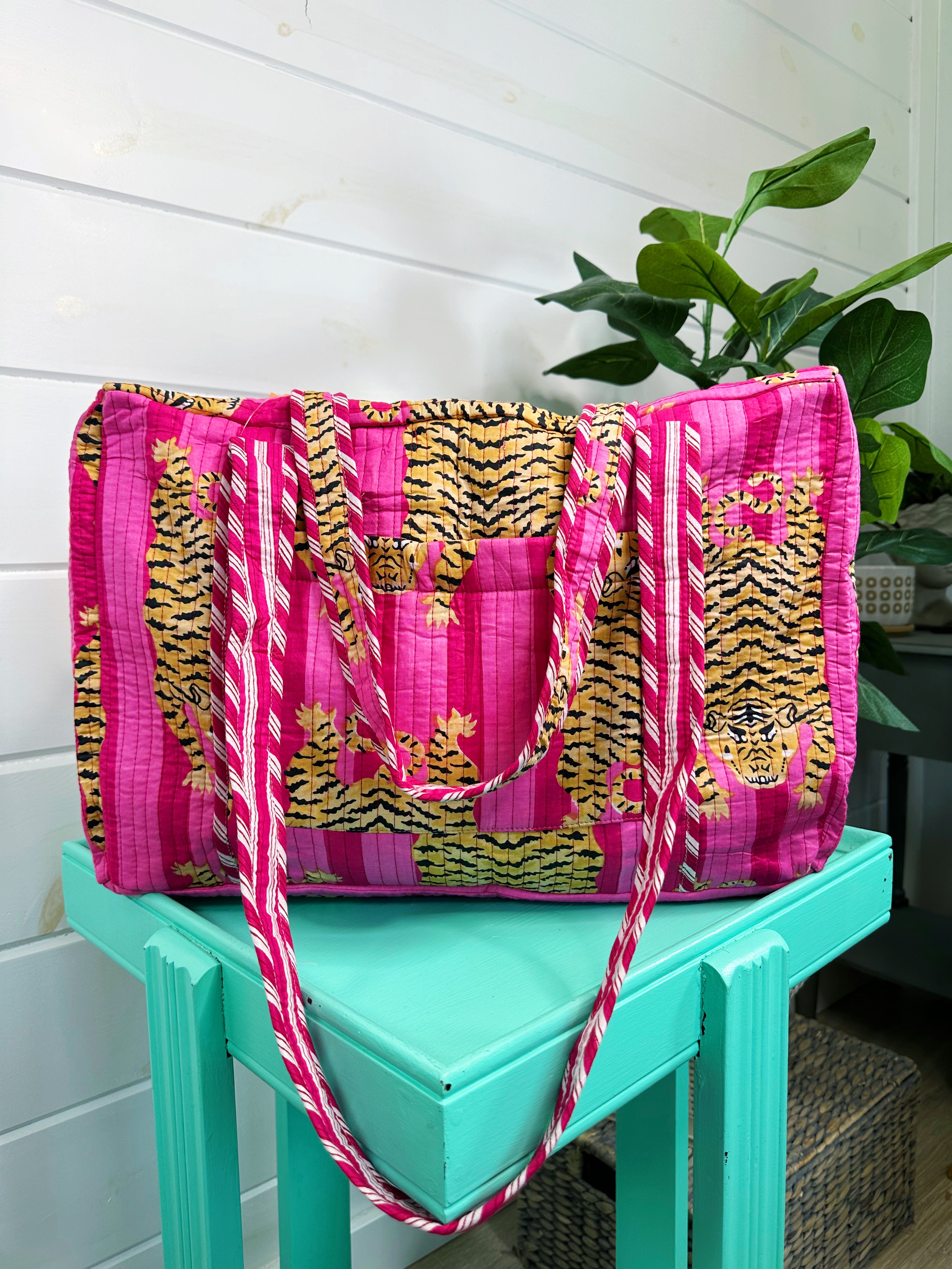 Pink Stripes Tiger Print Quilted Weekender Overnight Bag Pink Stripes Tiger Print Quilted Weekender Overnight Bag