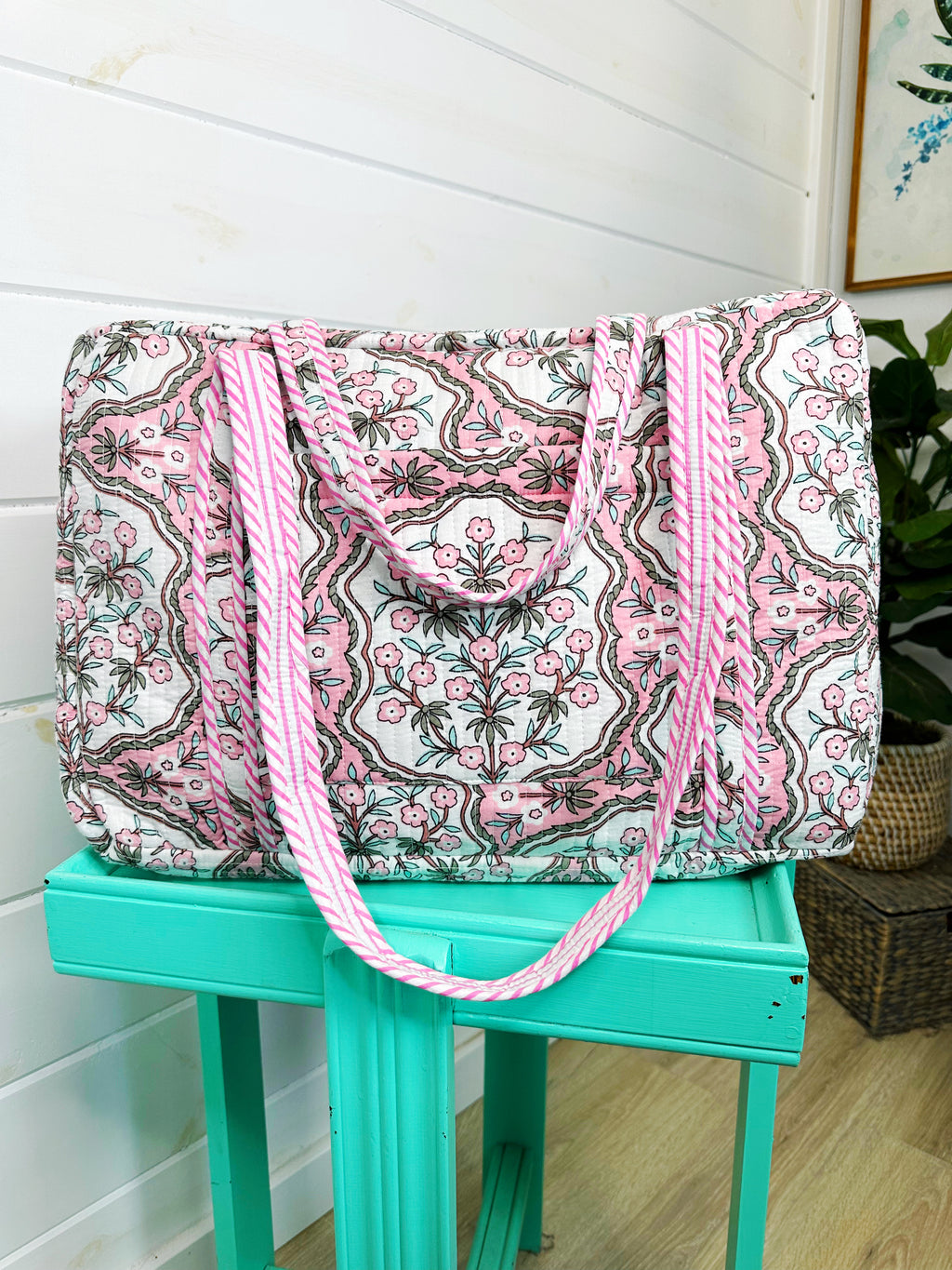 Quilted Weekender Overnight Bag - Pink Petals Print