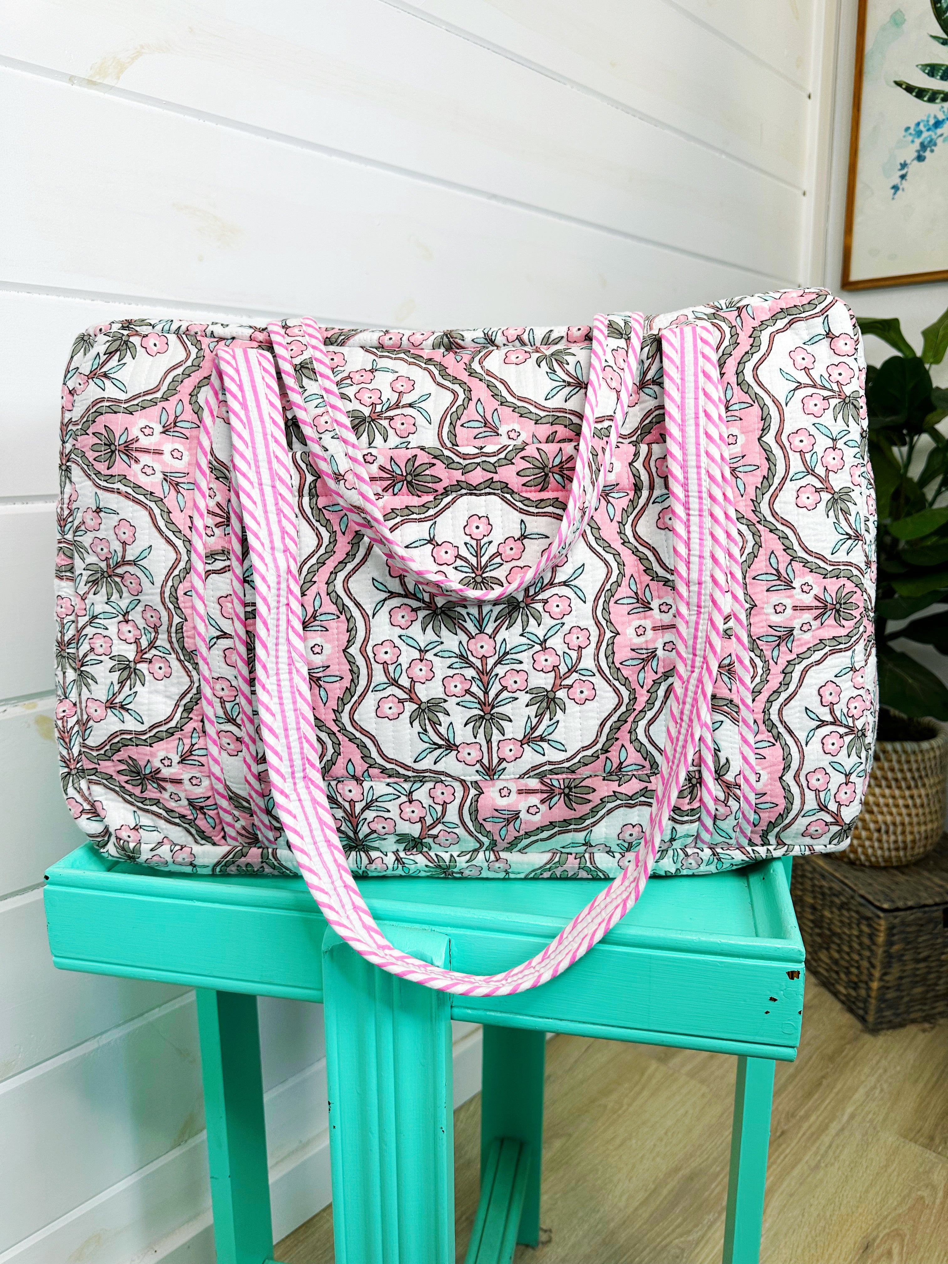Quilted Weekender Overnight Bag - Pink Petals Print