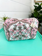 Quilted Makeup Cosmetics Toiletry Bag - Pink Petals Print