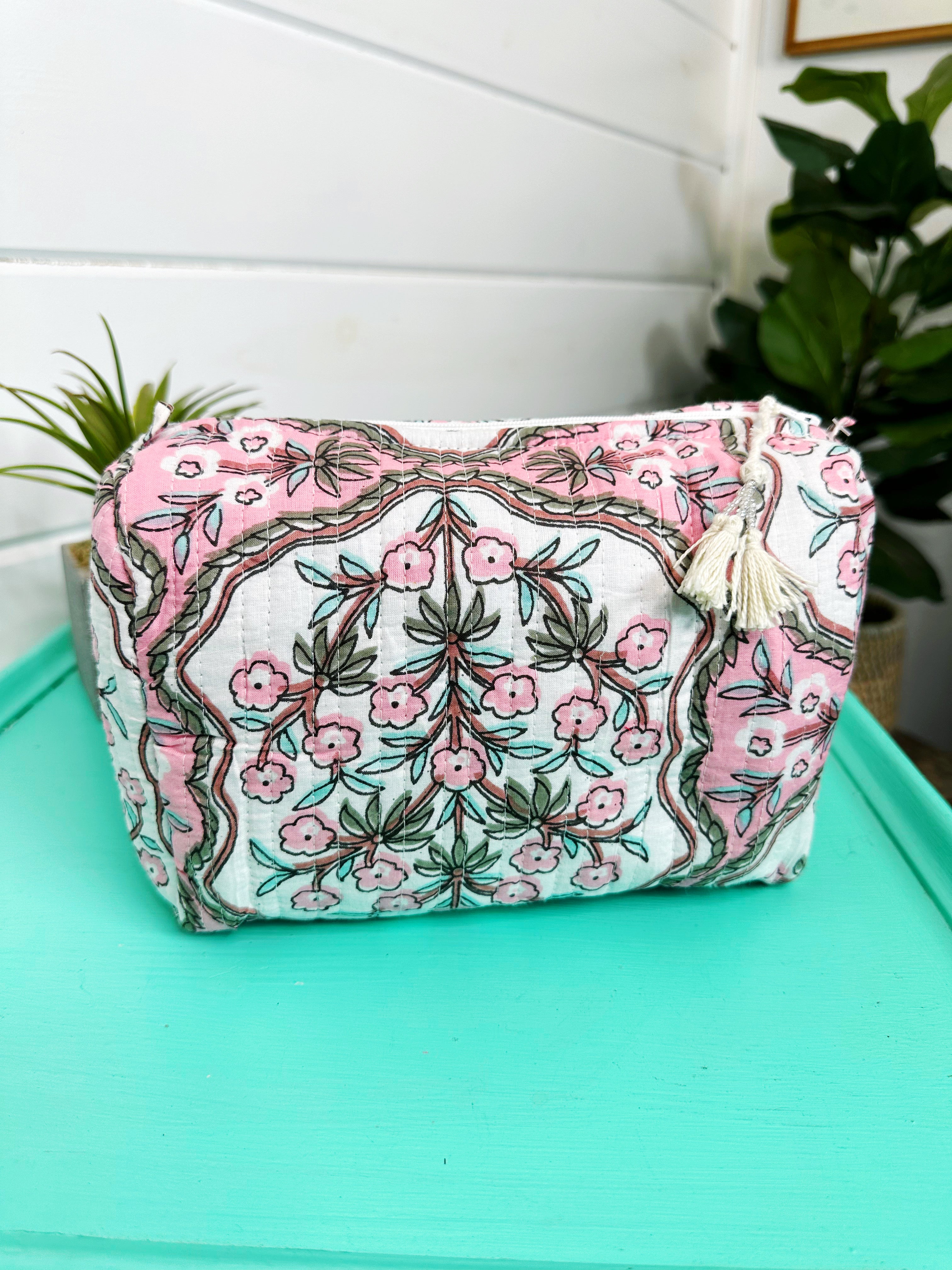 Quilted Makeup Cosmetics Toiletry Bag - Pink Petals Print
