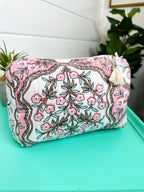 Quilted Makeup Cosmetics Toiletry Bag - Pink Petals Print