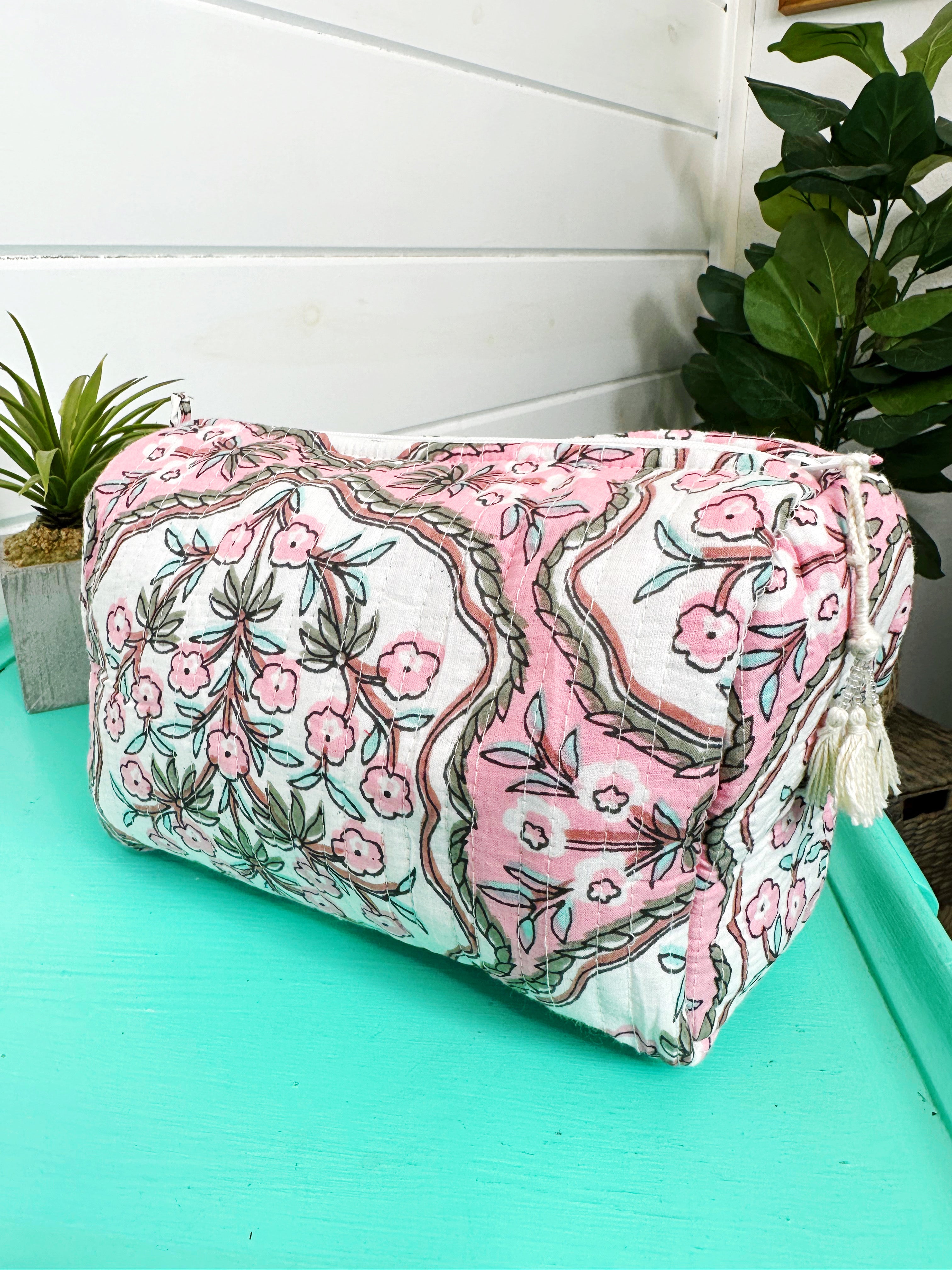Quilted Makeup Cosmetics Toiletry Bag - Pink Petals Print