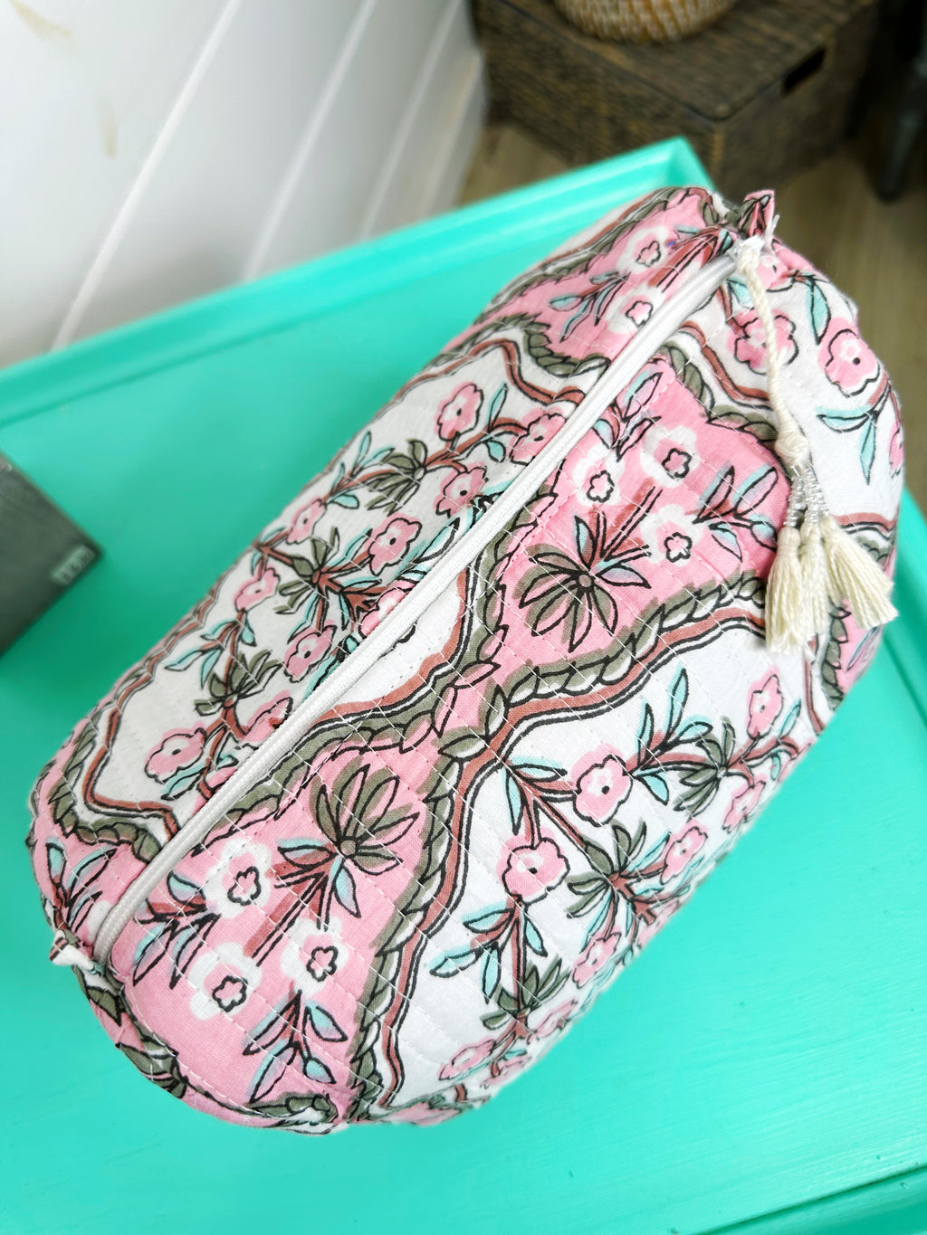 Quilted Makeup Cosmetics Toiletry Bag - Pink Petals Print