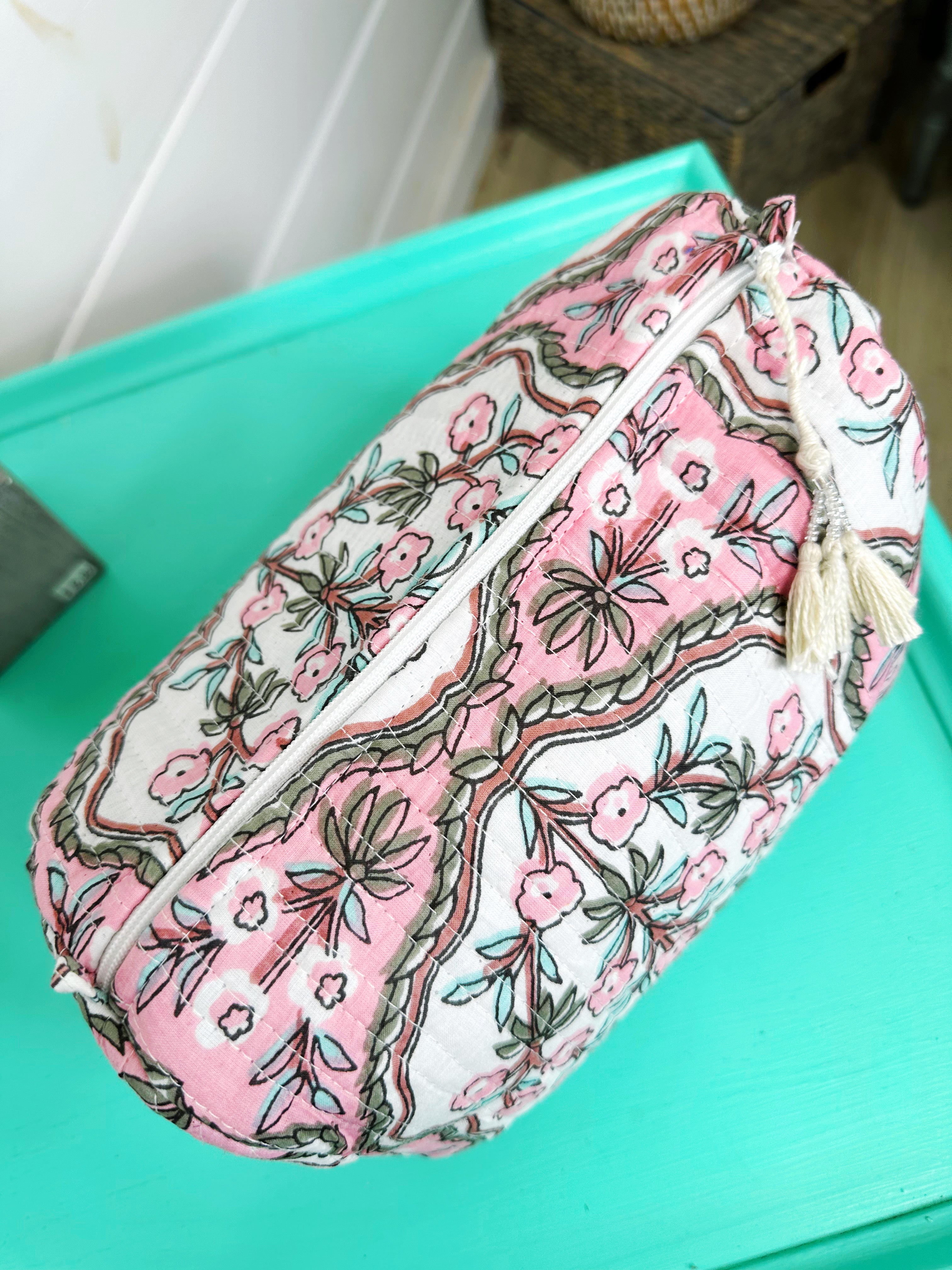 Quilted Makeup Cosmetics Toiletry Bag - Pink Petals Print