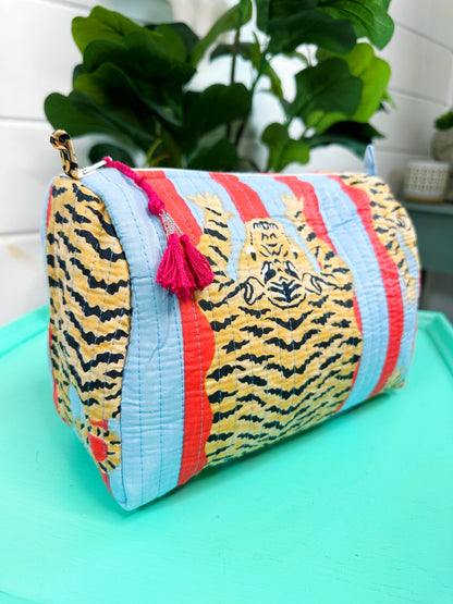 Tiger Print with Blue and Tomato Stripes Quilted Makeup Cosmetics Toiletry Bag