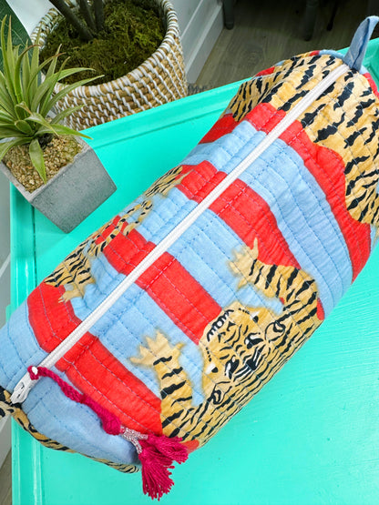 Tiger Print with Blue and Tomato Stripes Quilted Makeup Cosmetics Toiletry Bag