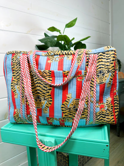 Tiger Print with Blue and Tomato Stripes Quilted Weekender Overnight Bag