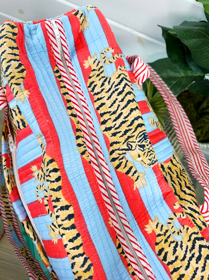 Tiger Print with Blue and Tomato Stripes Quilted Weekender Overnight Bag