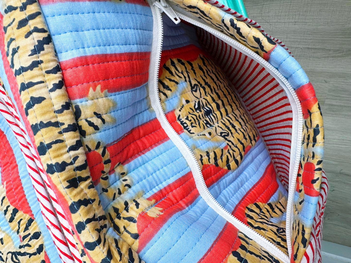 Tiger Print with Blue and Tomato Stripes Quilted Weekender Overnight Bag