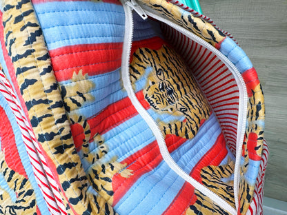 Tiger Print with Blue and Tomato Stripes Quilted Weekender Overnight Bag