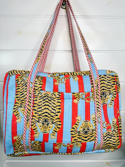 Tiger Print with Blue and Tomato Stripes Quilted Weekender Overnight Bag