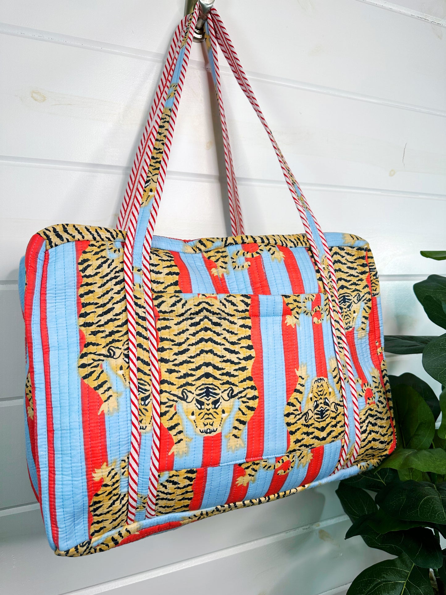 Tiger Print with Blue and Tomato Stripes Quilted Weekender Overnight Bag