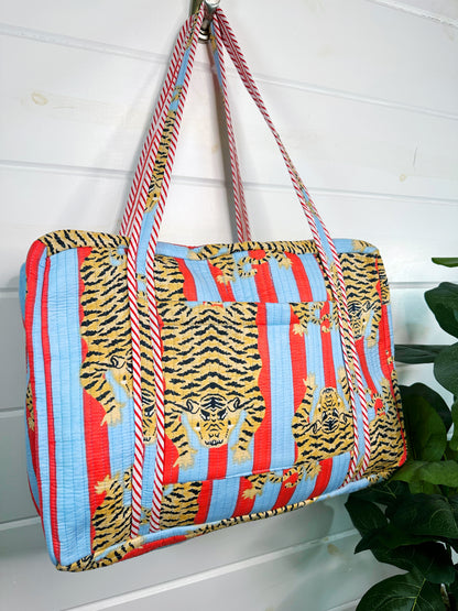 Tiger Print with Blue and Tomato Stripes Quilted Weekender Overnight Bag
