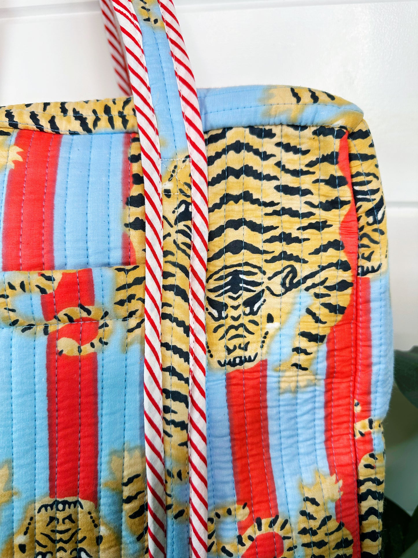 Tiger Print with Blue and Tomato Stripes Quilted Weekender Overnight Bag