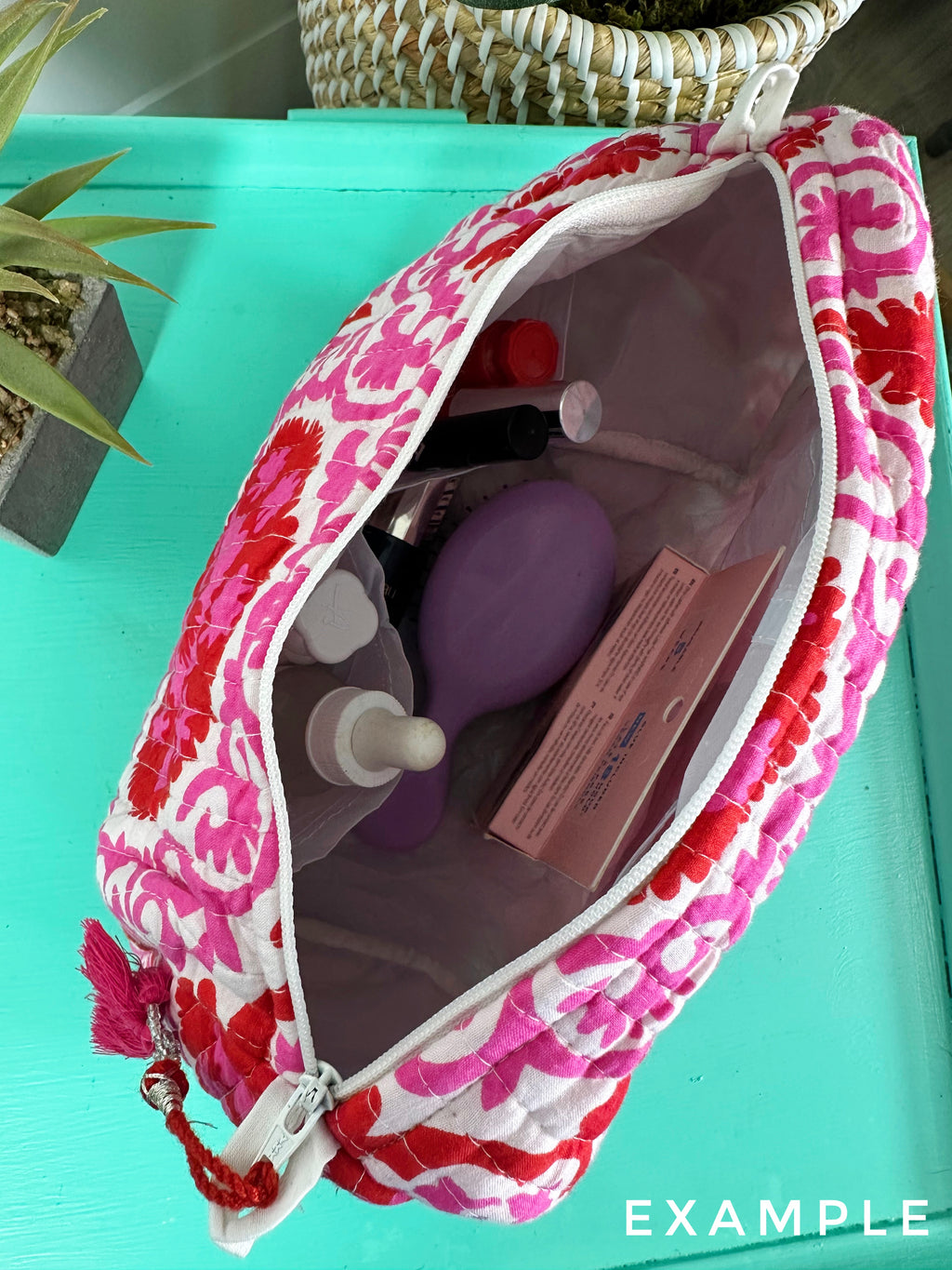 Quilted Makeup Cosmetics Toiletry Bag - Pink Cherry & Bows