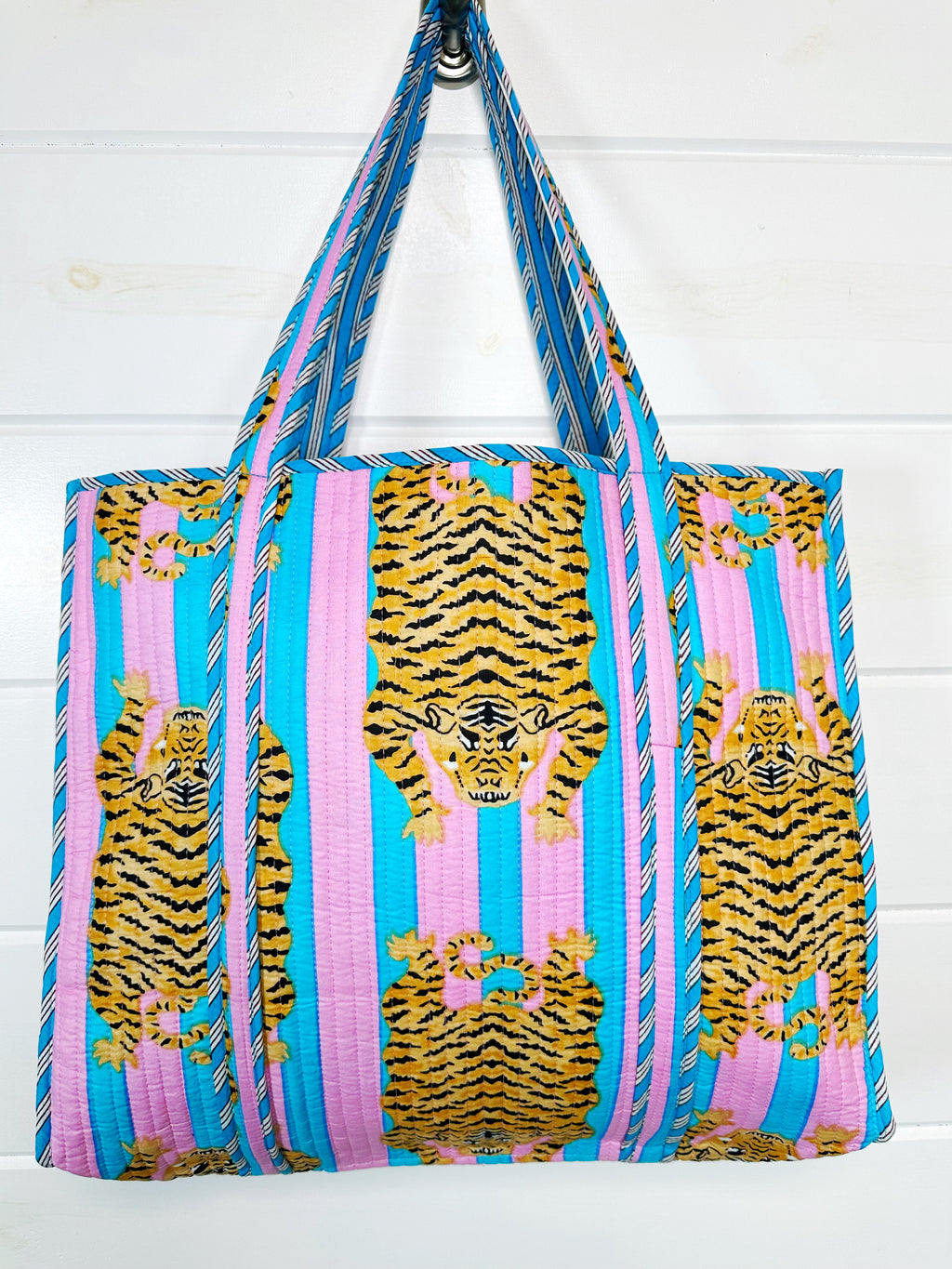 Quilted Cotton Reversible Large Tote Bag - Cotton Candy Tiger Print