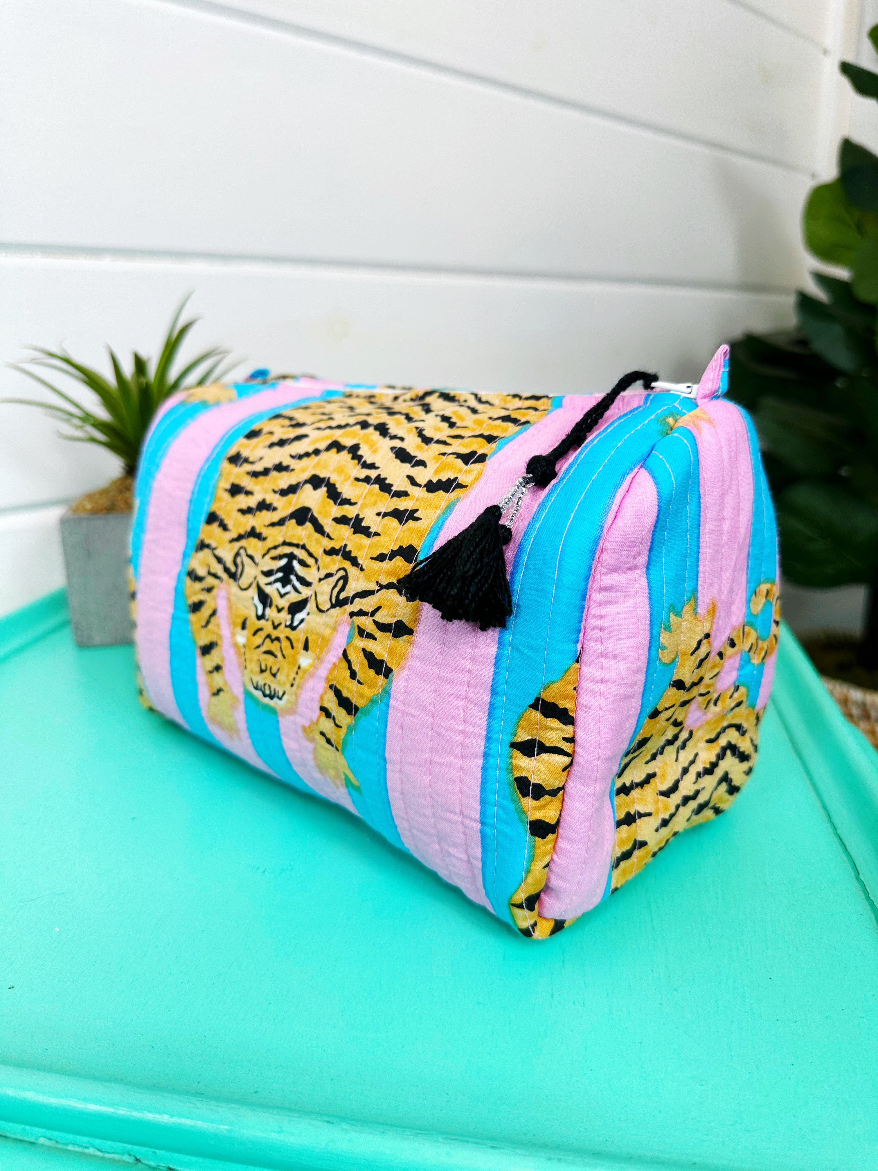 Quilted Makeup Cosmetics Toiletry Bag - Cotton Candy Tiger Print