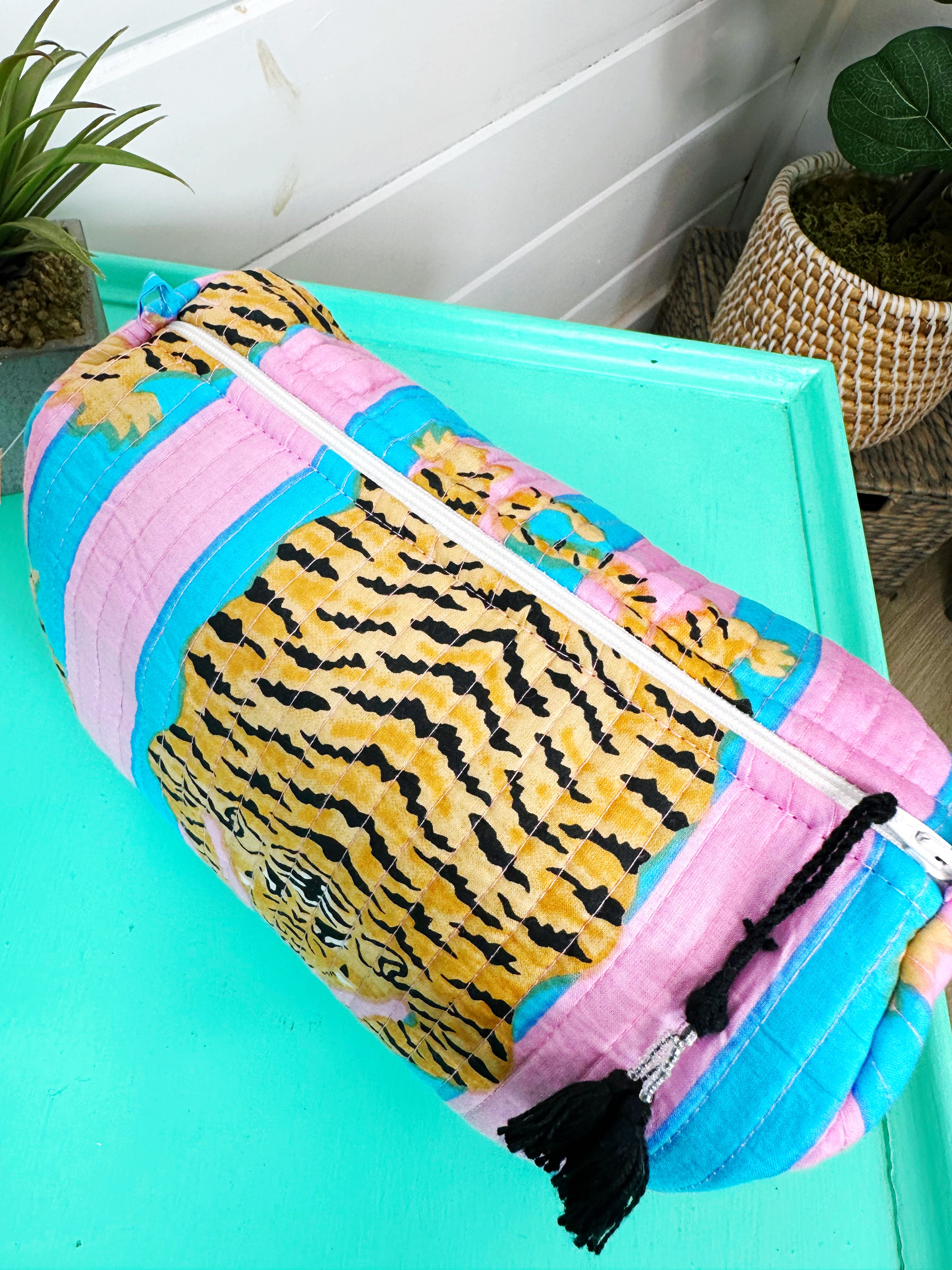 Quilted Makeup Cosmetics Toiletry Bag - Cotton Candy Tiger Print