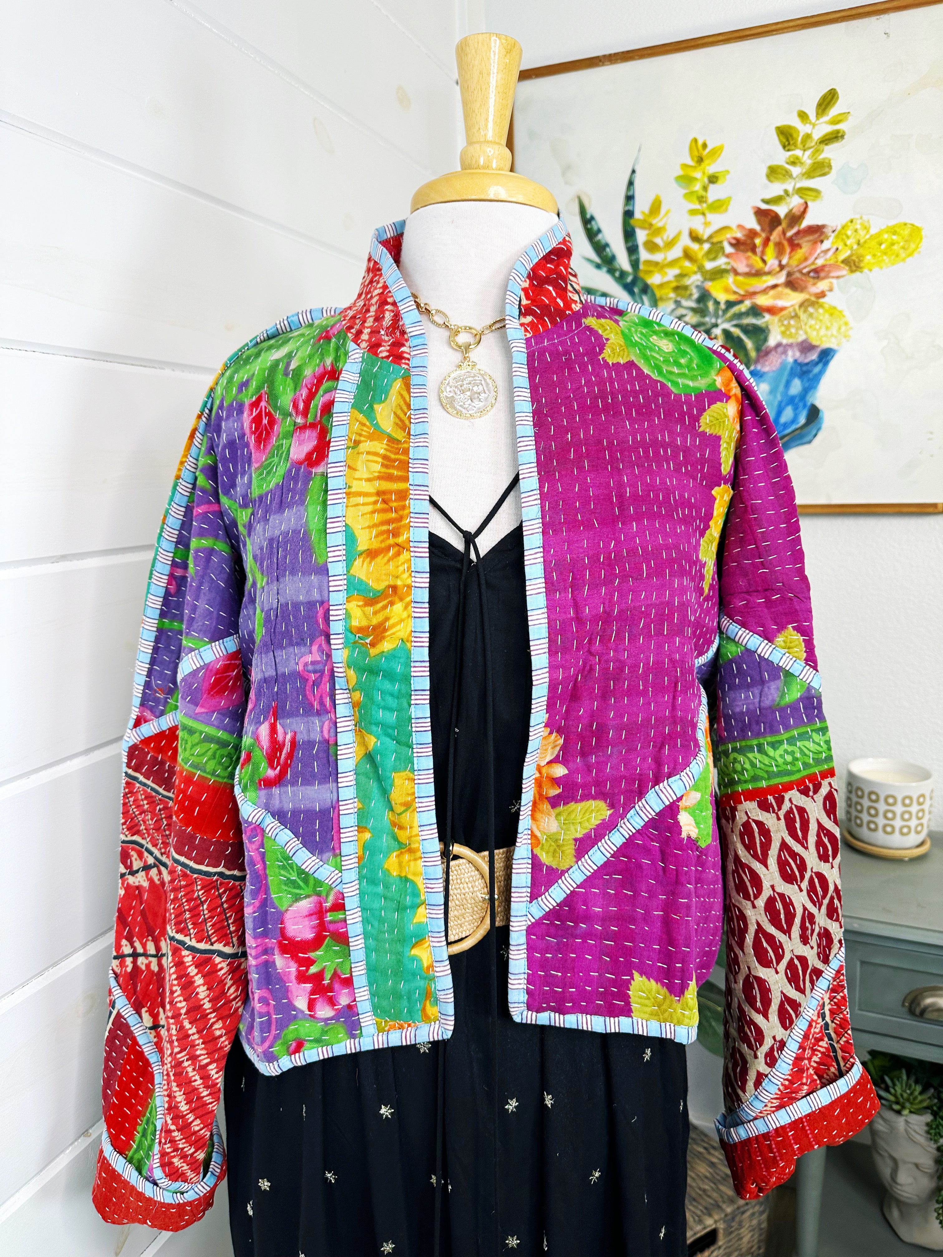 Boho Patchwork Kantha Jacket – Handmade Quilted & Reversible Blanket Coat