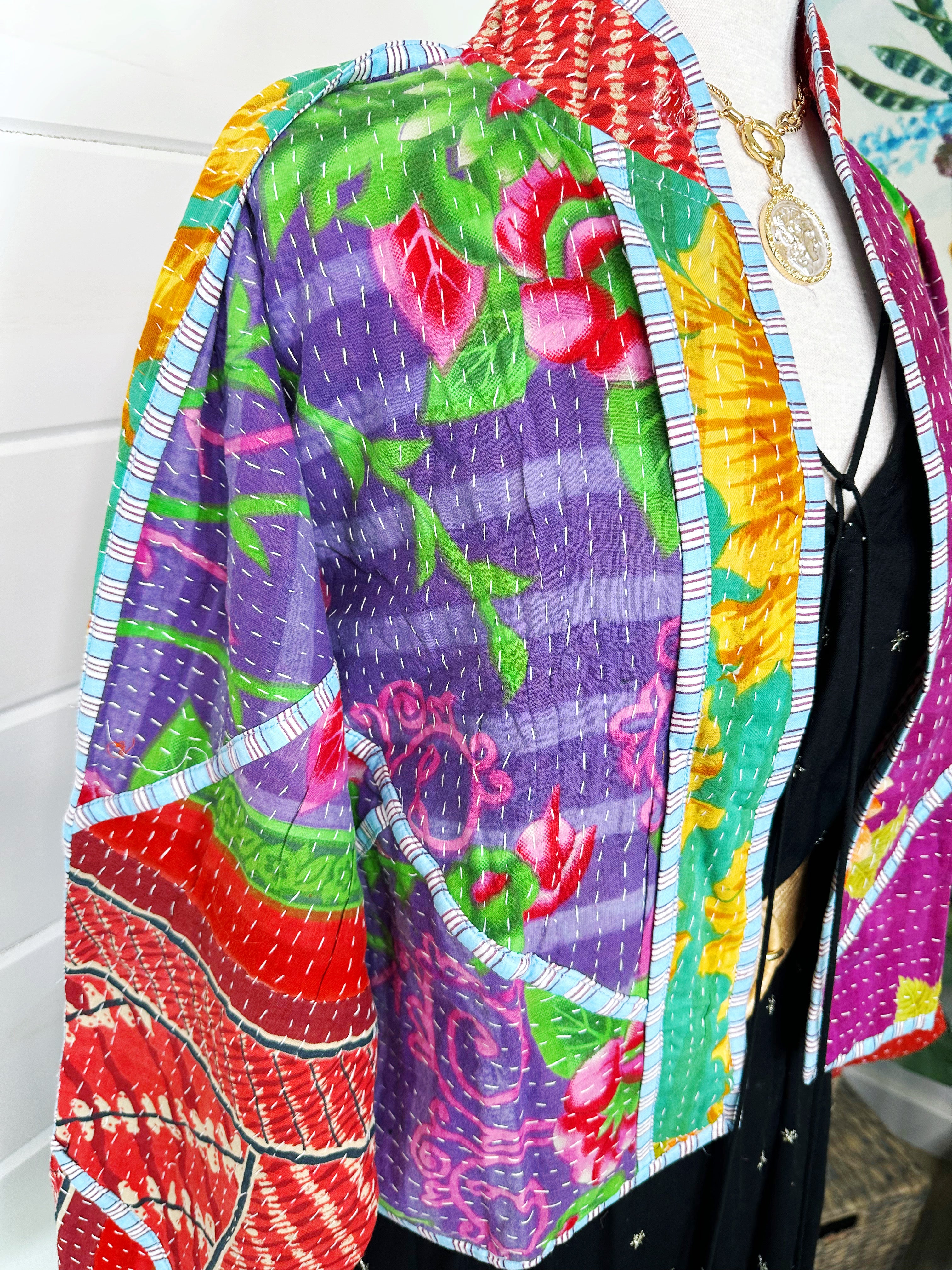 Boho Patchwork Kantha Jacket – Handmade Quilted & Reversible Blanket Coat