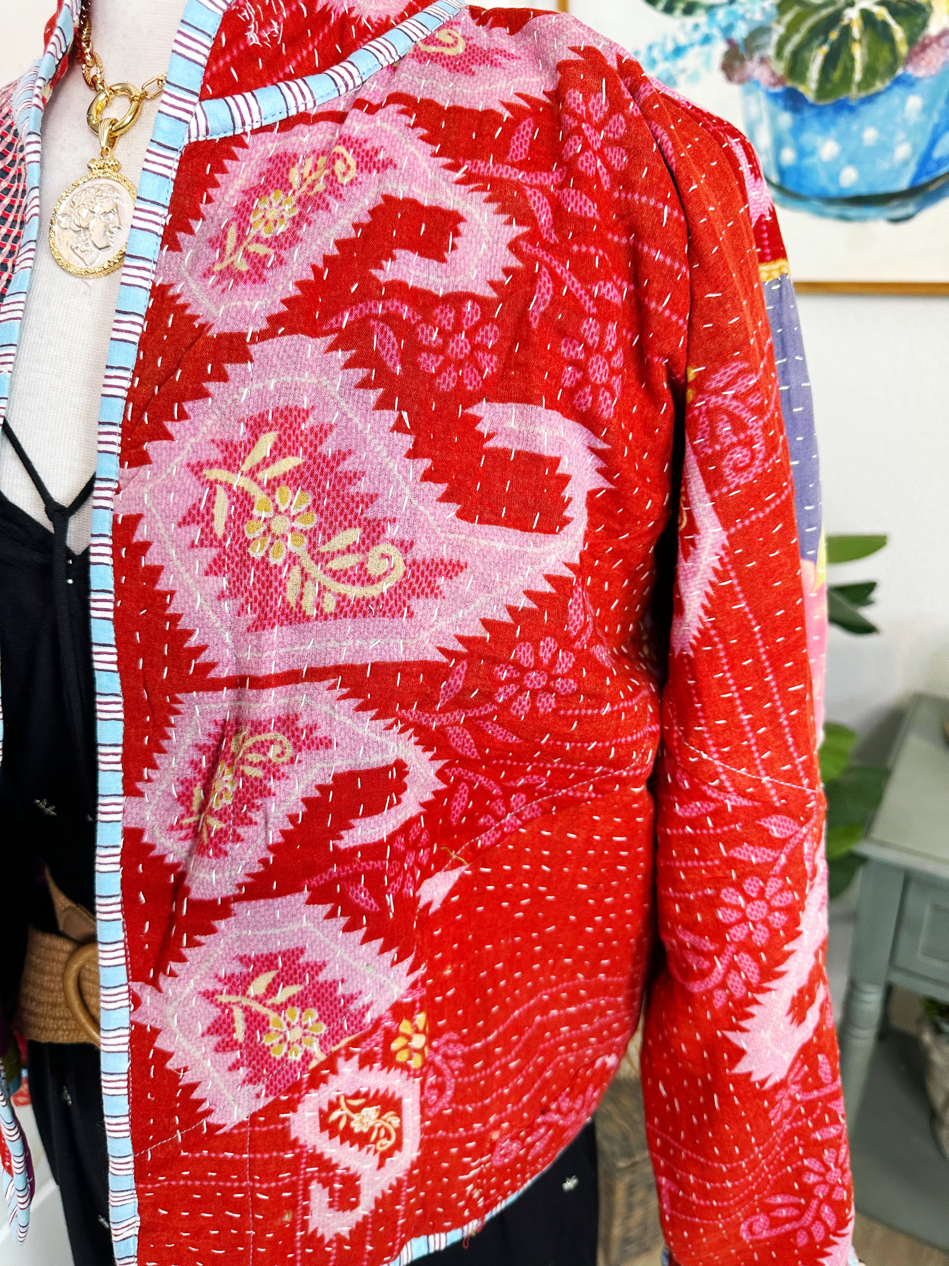 Boho Patchwork Kantha Jacket – Handmade Quilted & Reversible Blanket Coat