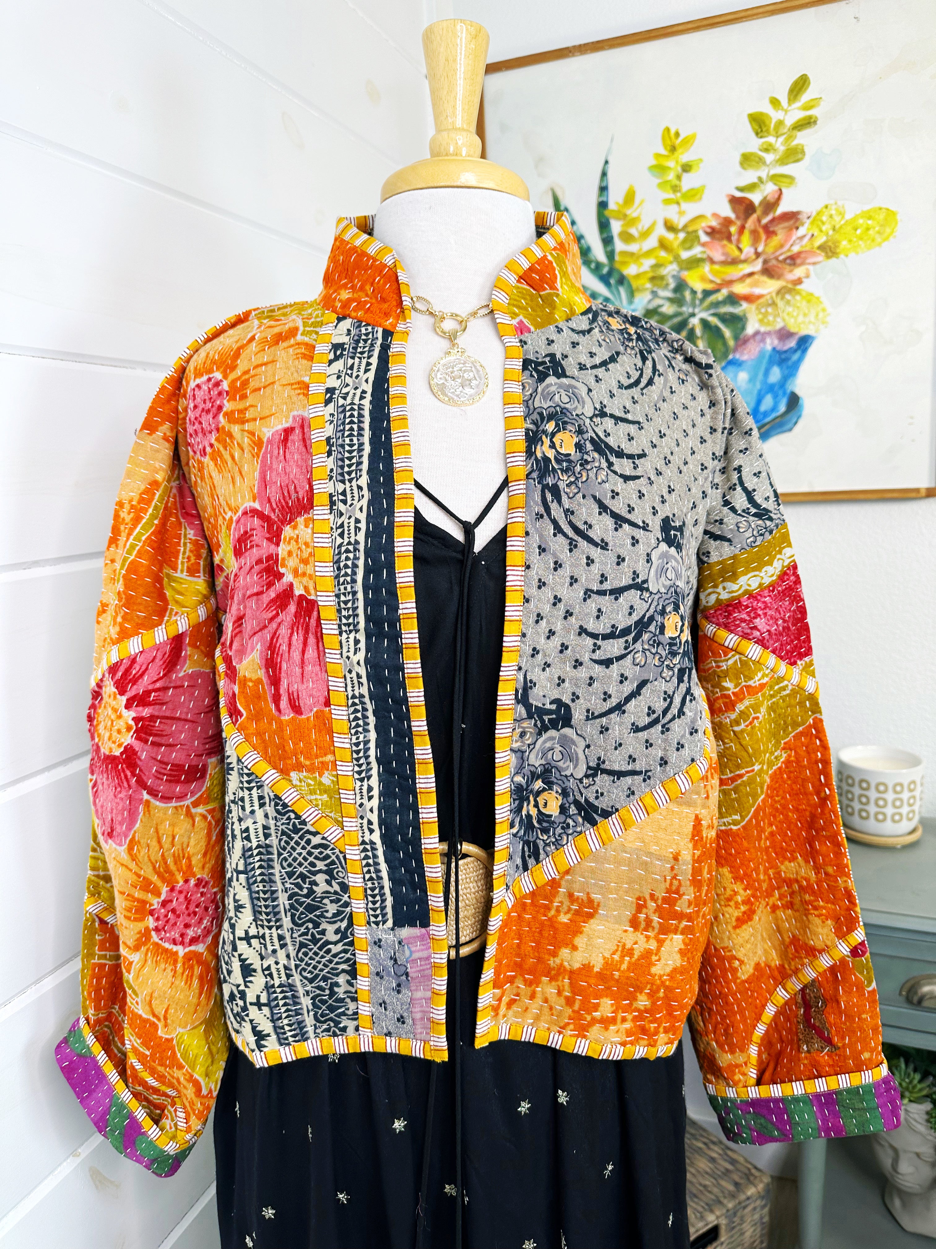 Boho Patchwork Kantha Jacket – Handmade Quilted & Reversible Blanket Coat