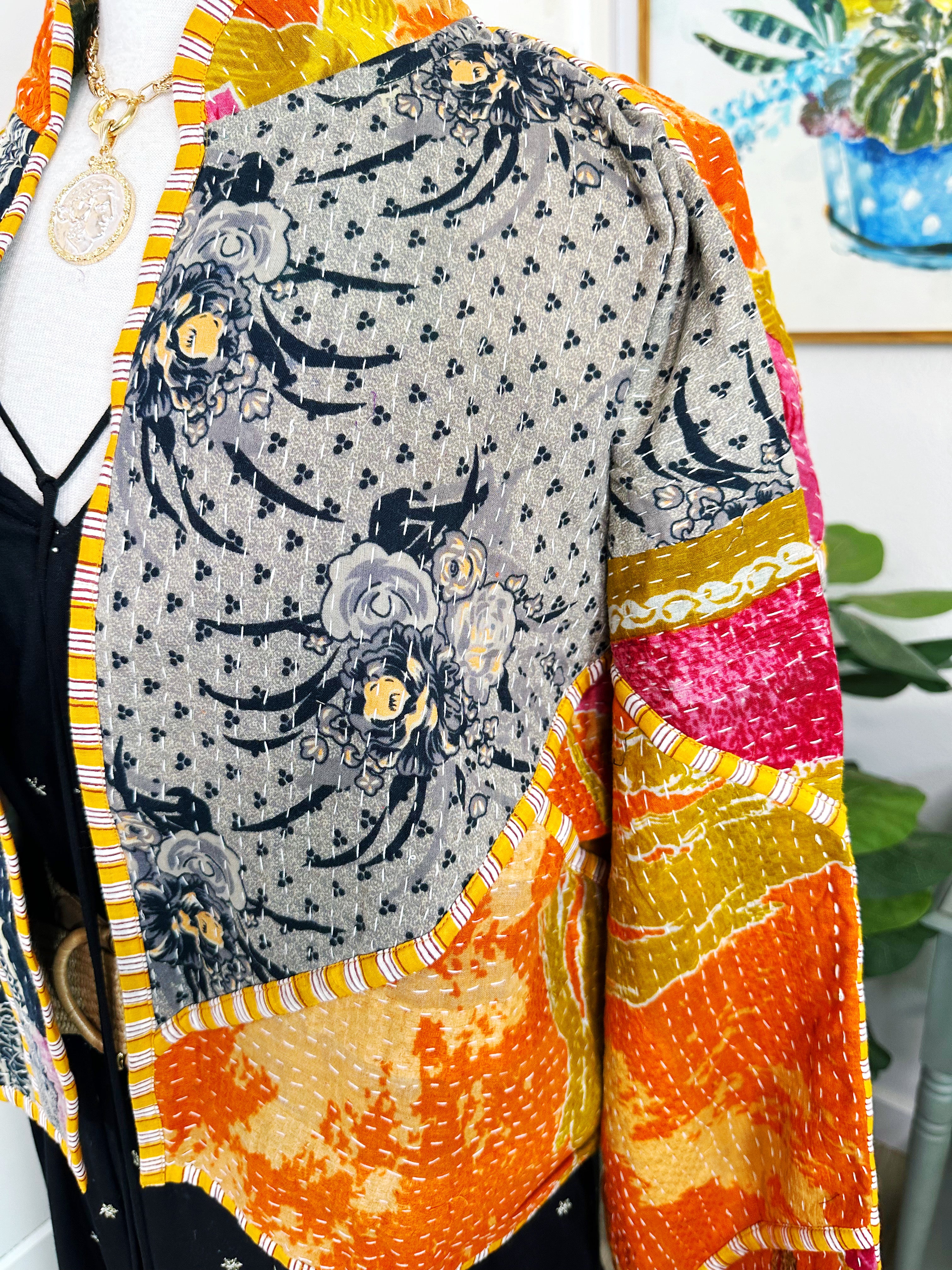 Boho Patchwork Kantha Jacket – Handmade Quilted & Reversible Blanket Coat