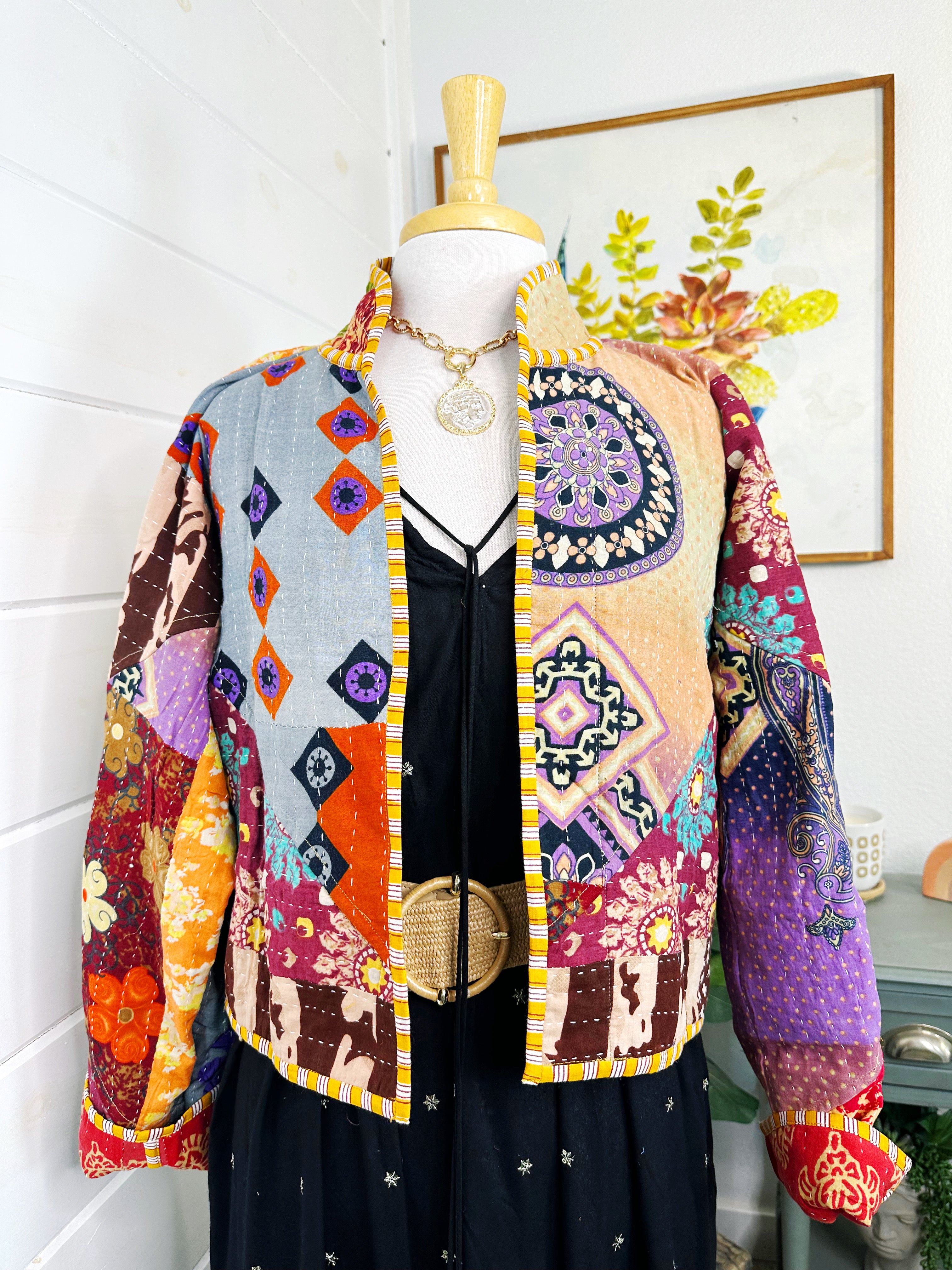 Boho Patchwork Kantha Jacket – Handmade Quilted & Reversible Blanket Coat