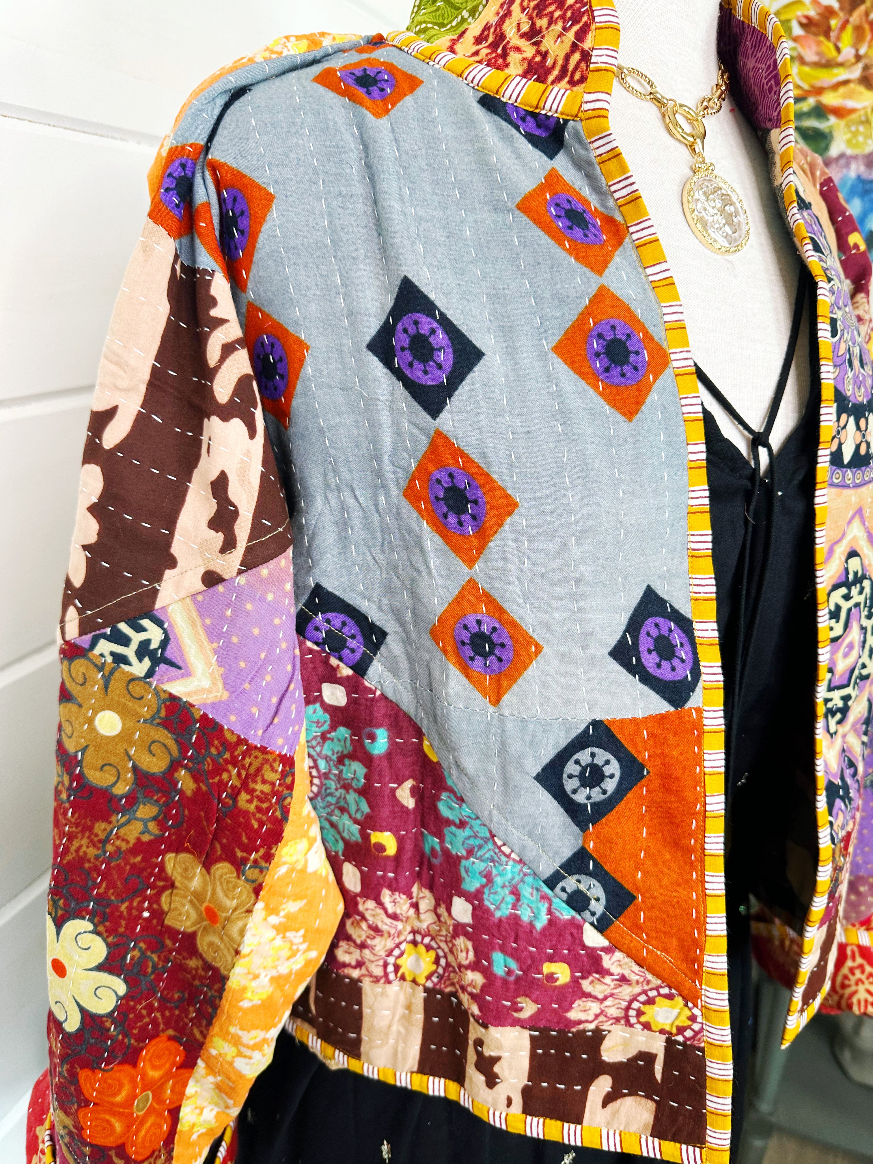 Boho Patchwork Kantha Jacket – Handmade Quilted & Reversible Blanket Coat
