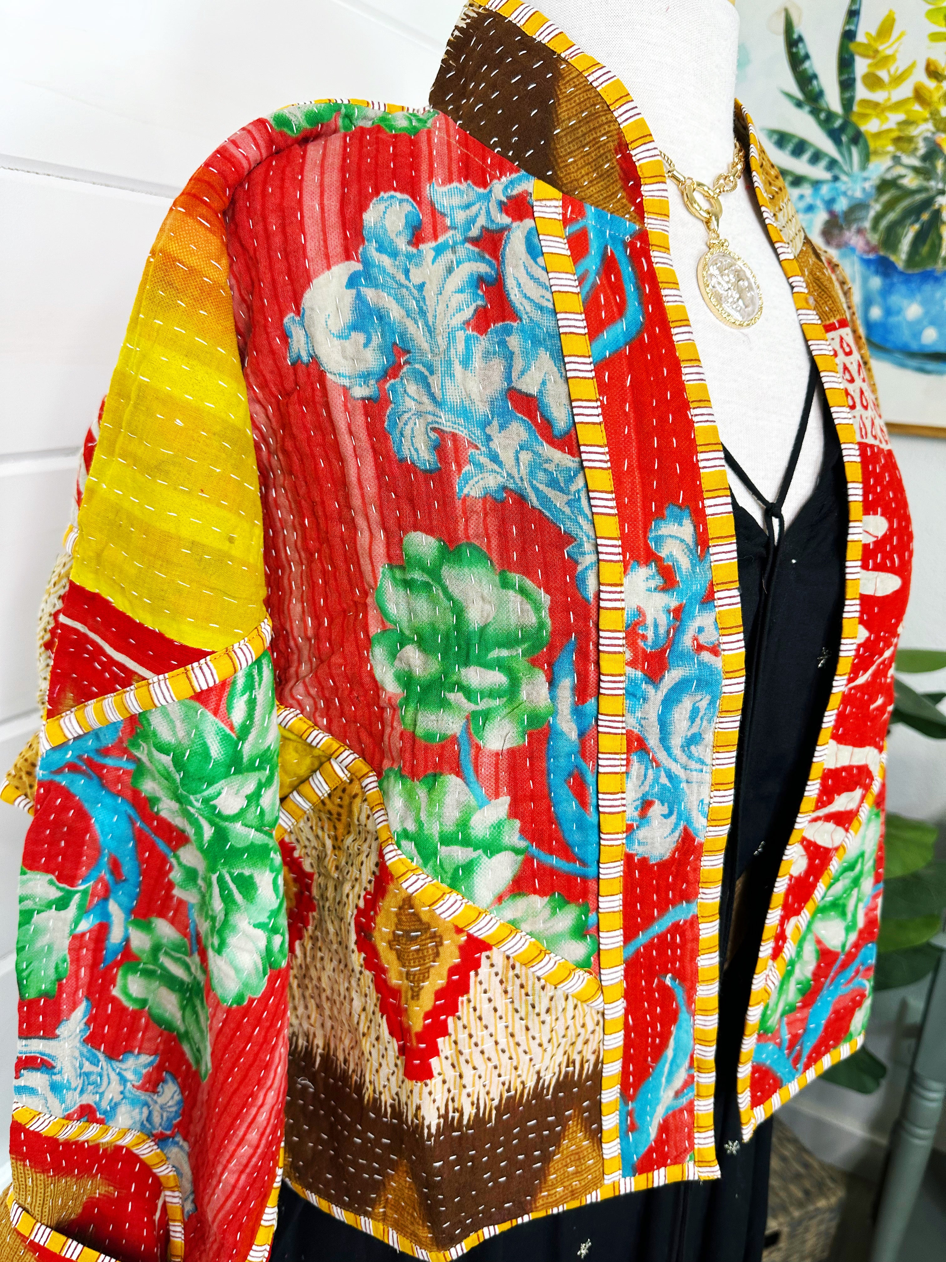 Boho Patchwork Kantha Jacket – Handmade Quilted & Reversible Blanket Coat