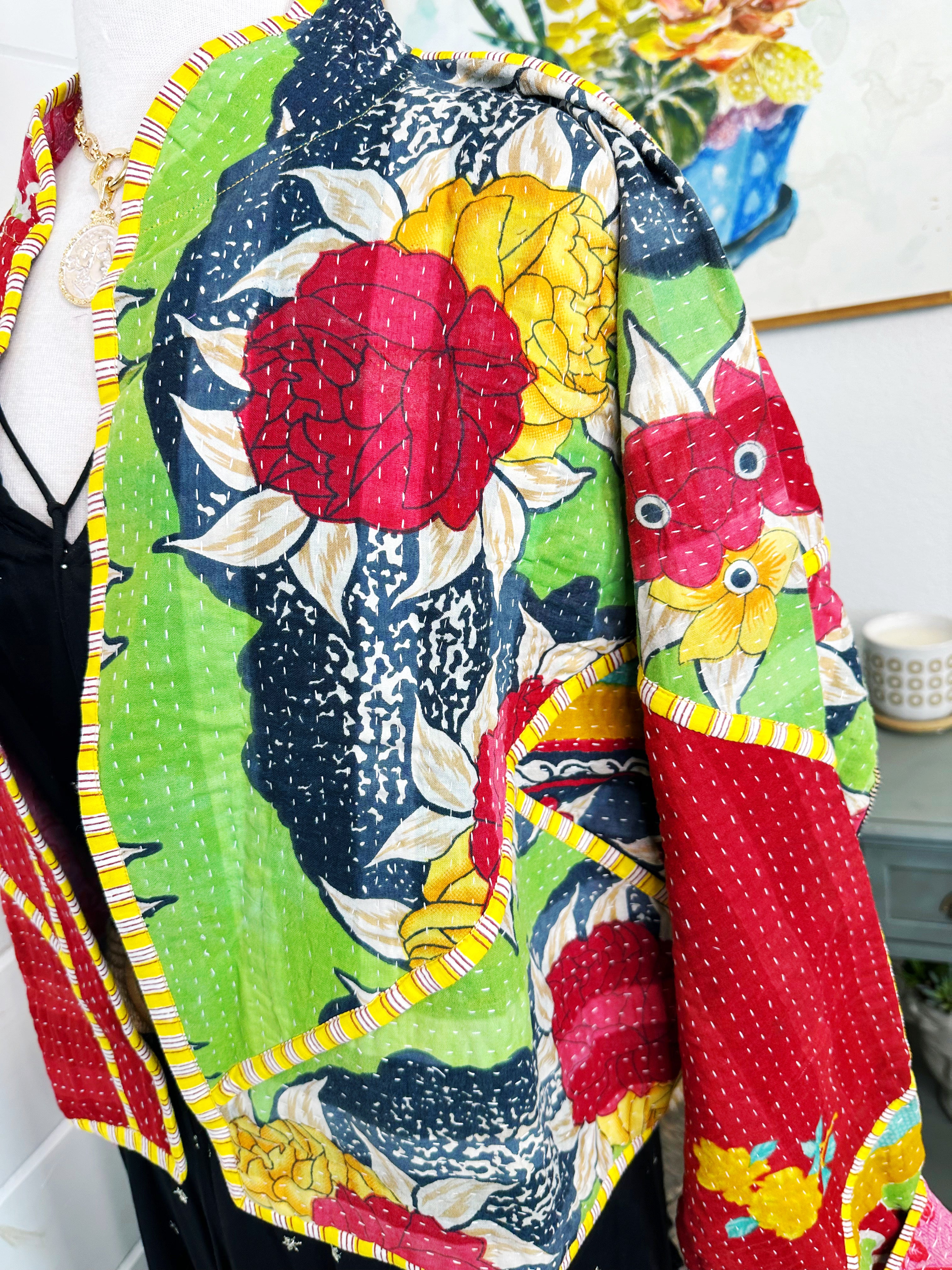 Boho Patchwork Kantha Jacket – Handmade Quilted & Reversible Blanket Coat