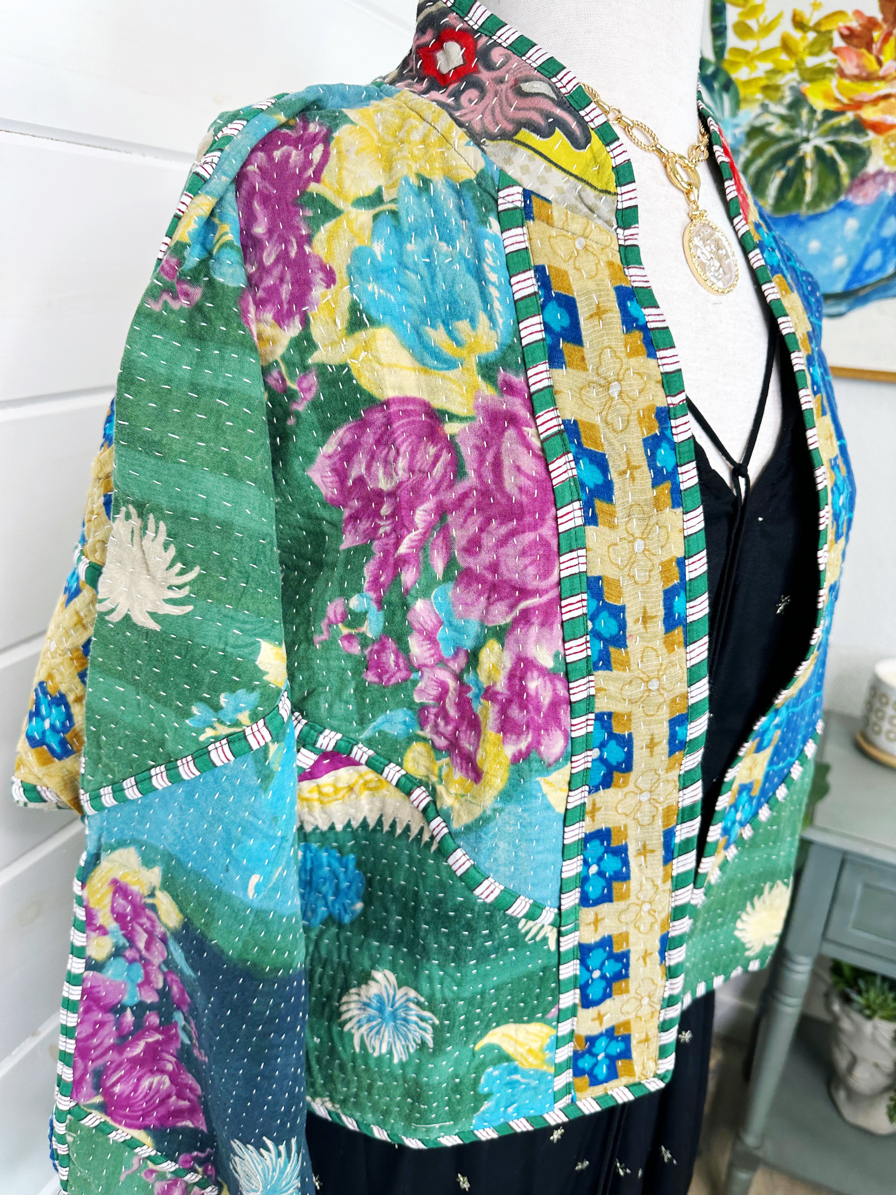 Boho Patchwork Kantha Jacket – Handmade Quilted & Reversible Blanket Coat