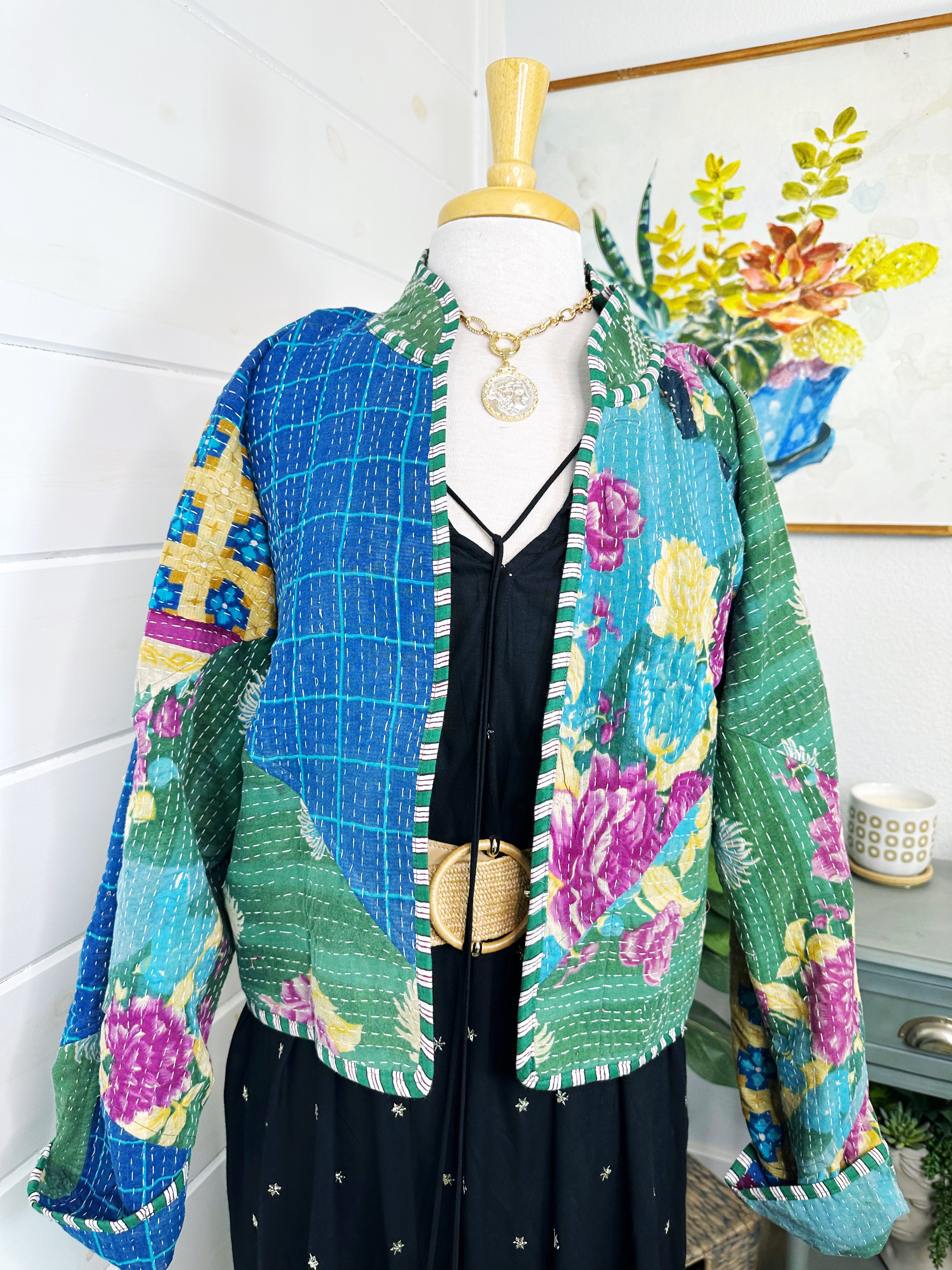 Boho Patchwork Kantha Jacket – Handmade Quilted & Reversible Blanket Coat