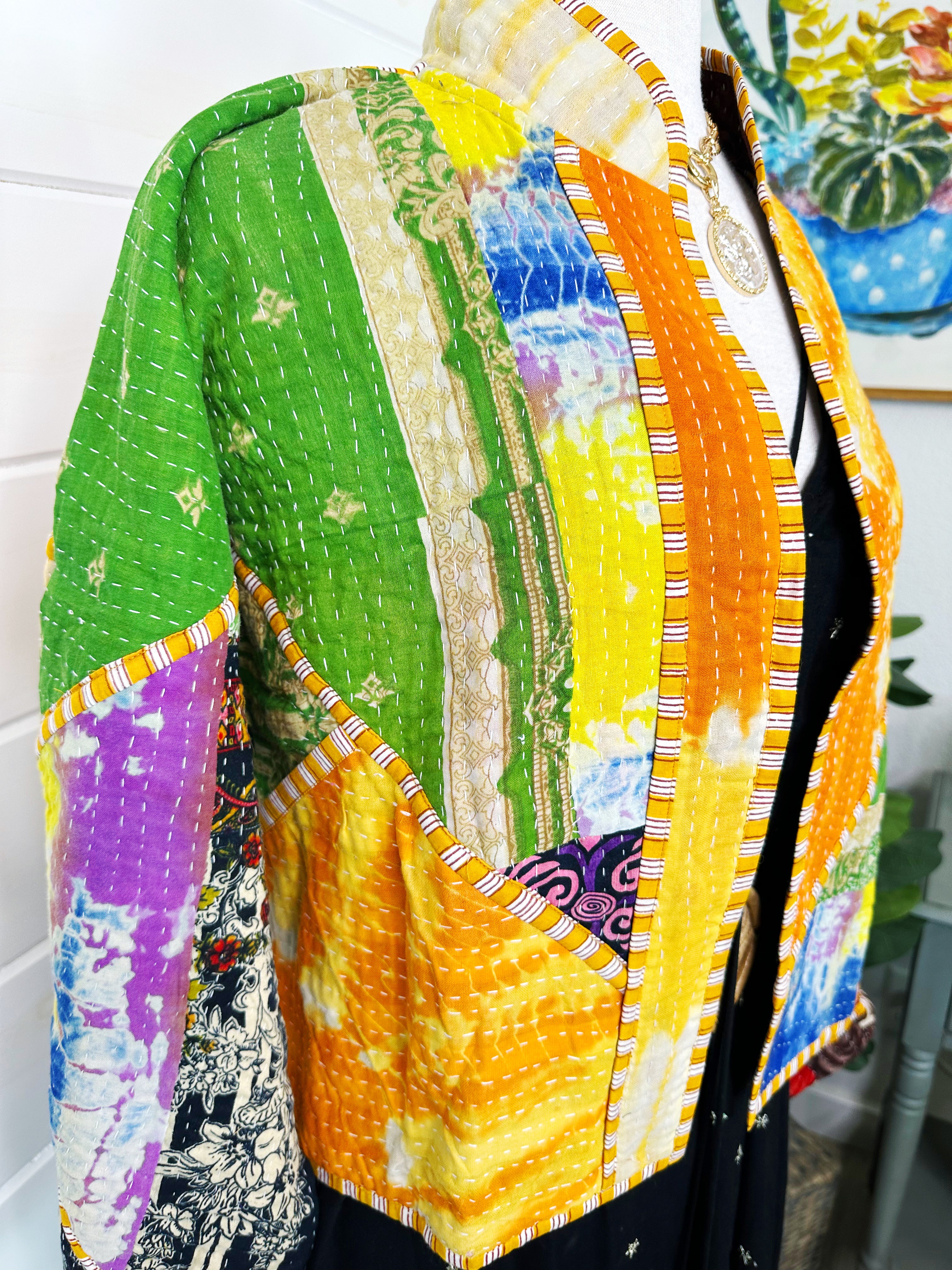 Boho Patchwork Kantha Jacket – Handmade Quilted & Reversible Blanket Coat