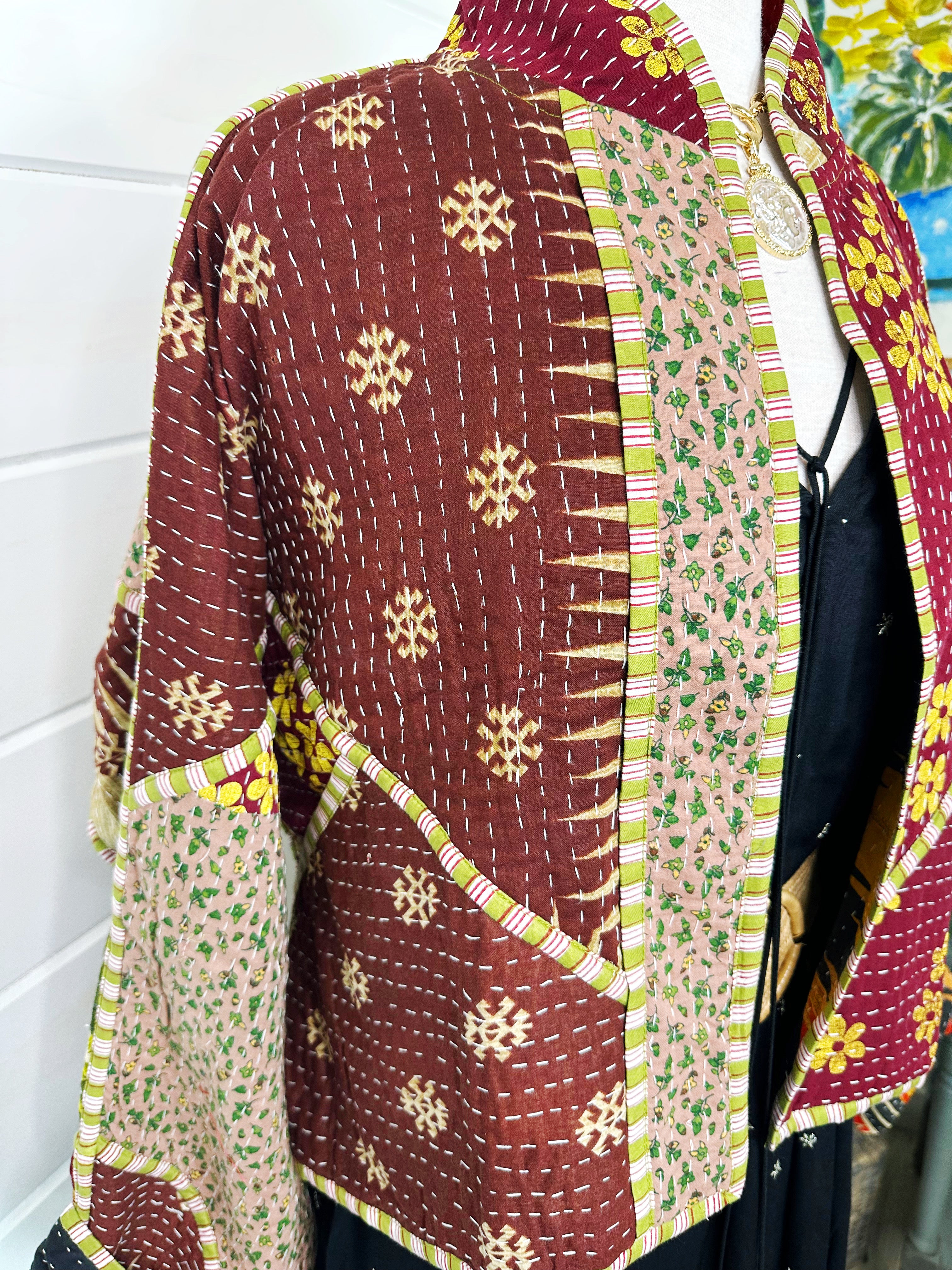 Boho Patchwork Kantha Jacket – Handmade Quilted & Reversible Blanket Coat