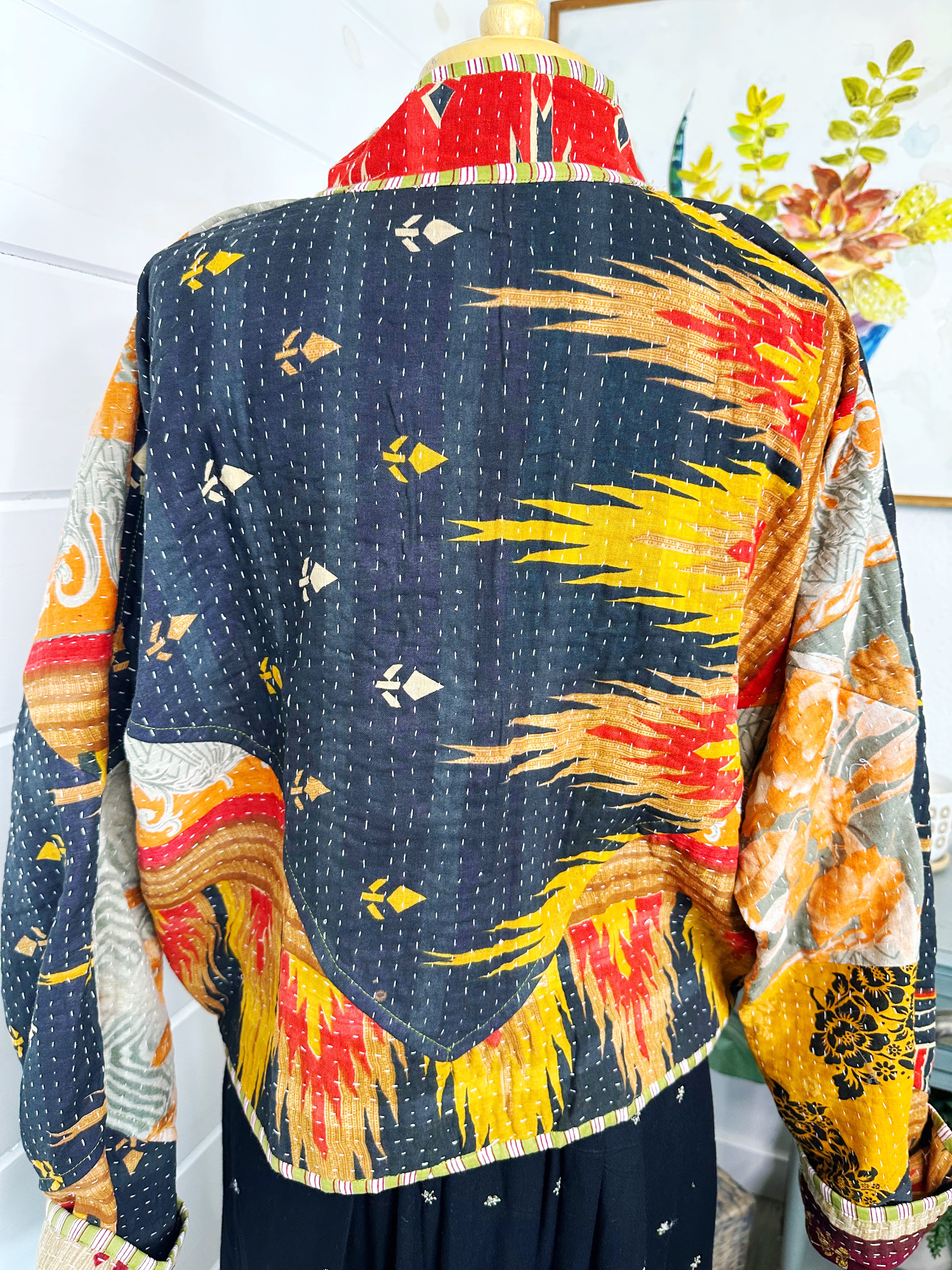 Boho Patchwork Kantha Jacket – Handmade Quilted & Reversible Blanket Coat