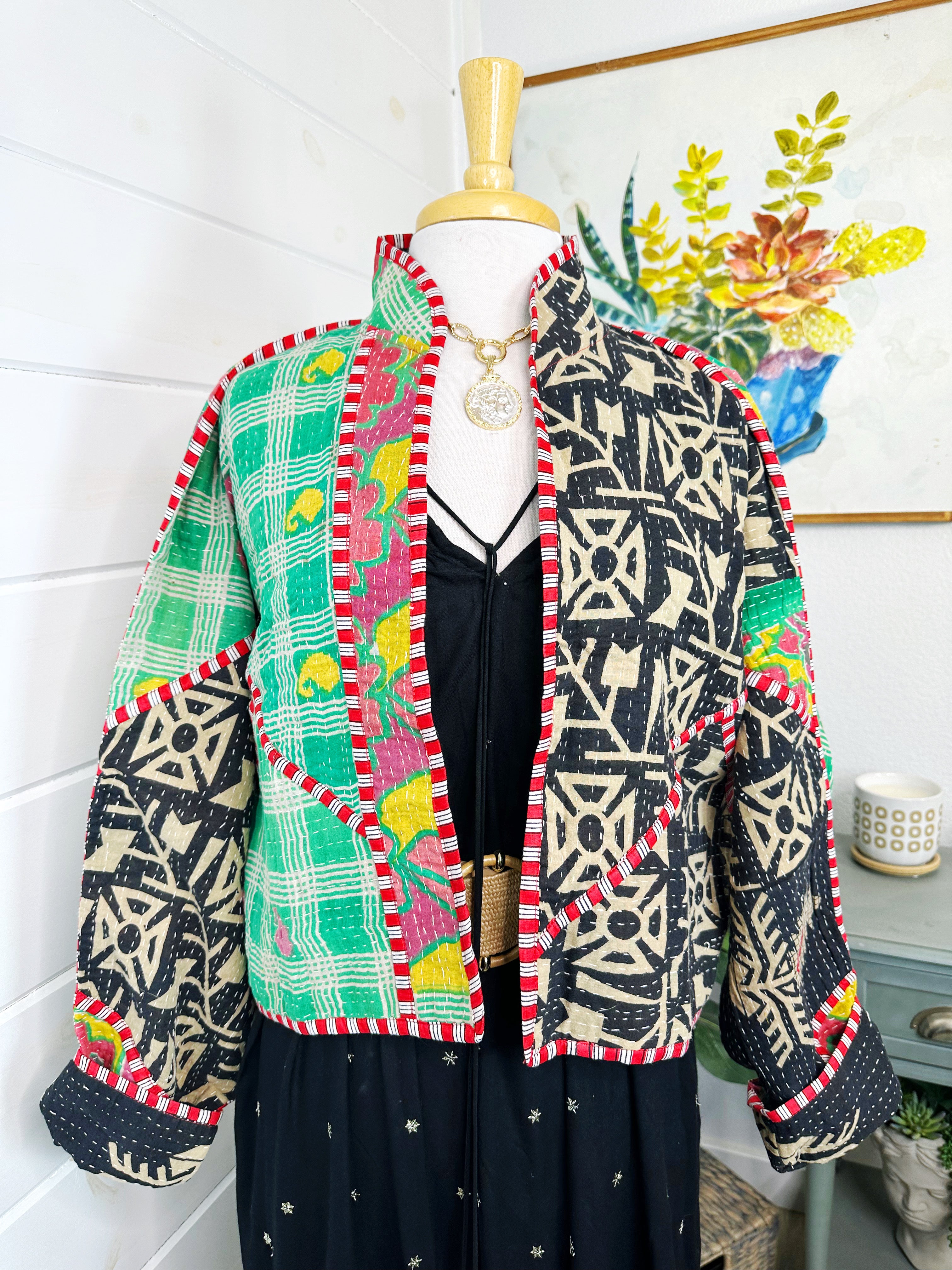 Boho Patchwork Kantha Jacket – Handmade Quilted & Reversible Blanket Coat