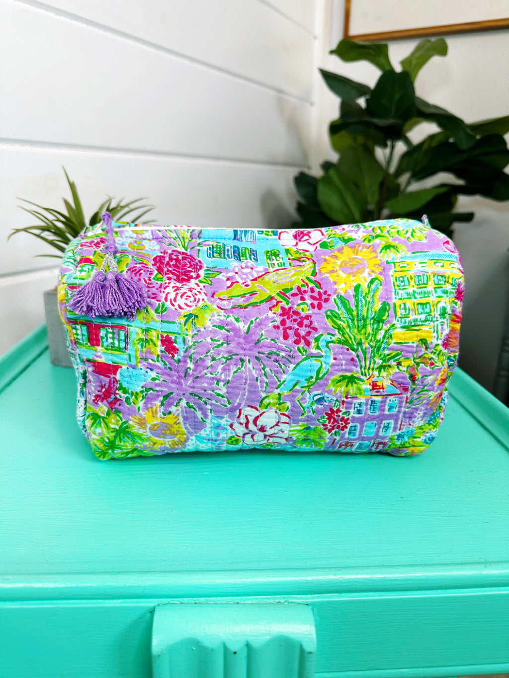Purple Tropical Southern Town Print Quilted Makeup Cosmetics Toiletry Bag